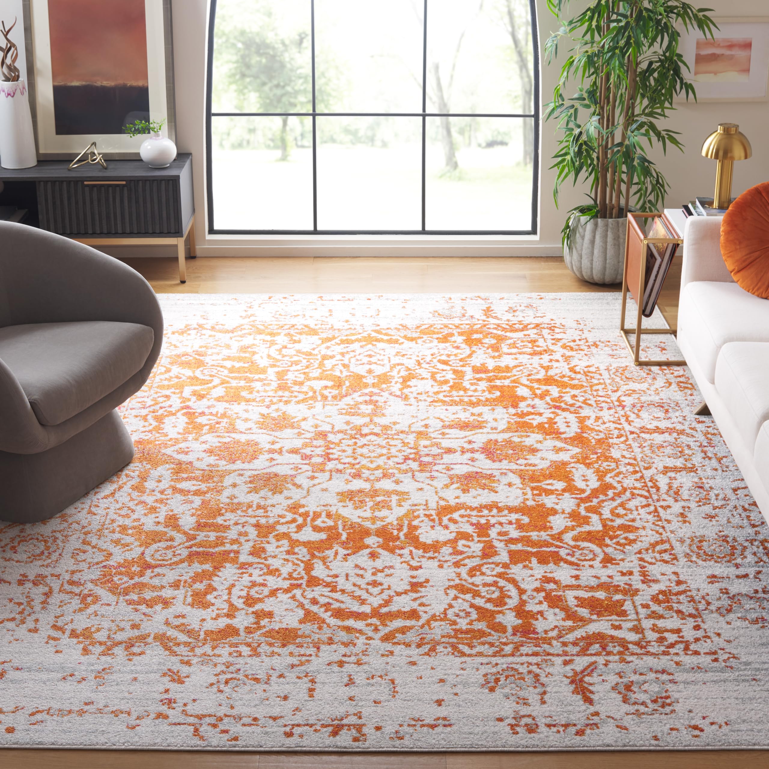 SAFAVIEH Madison Collection Area Rug - 8 x 10, Orange & Ivory, Snowflake Medallion Distressed Design, Non-Shedding & Easy Care
