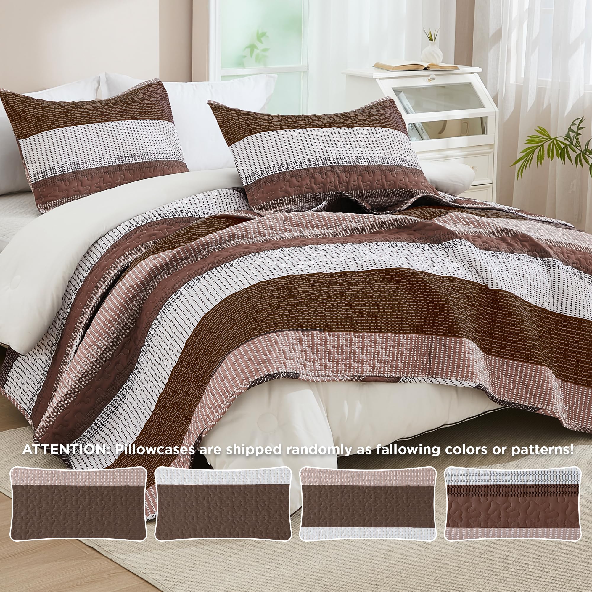 Andency King Size Quilt Set Brown, 3 Pieces Coffee Ultra Soft Lightweight Bedspreads & Coverlets Set, Patchwork Striped Quilted Bedding Sets For All Seasons (1 Quilt, 2 Pillow Shams)