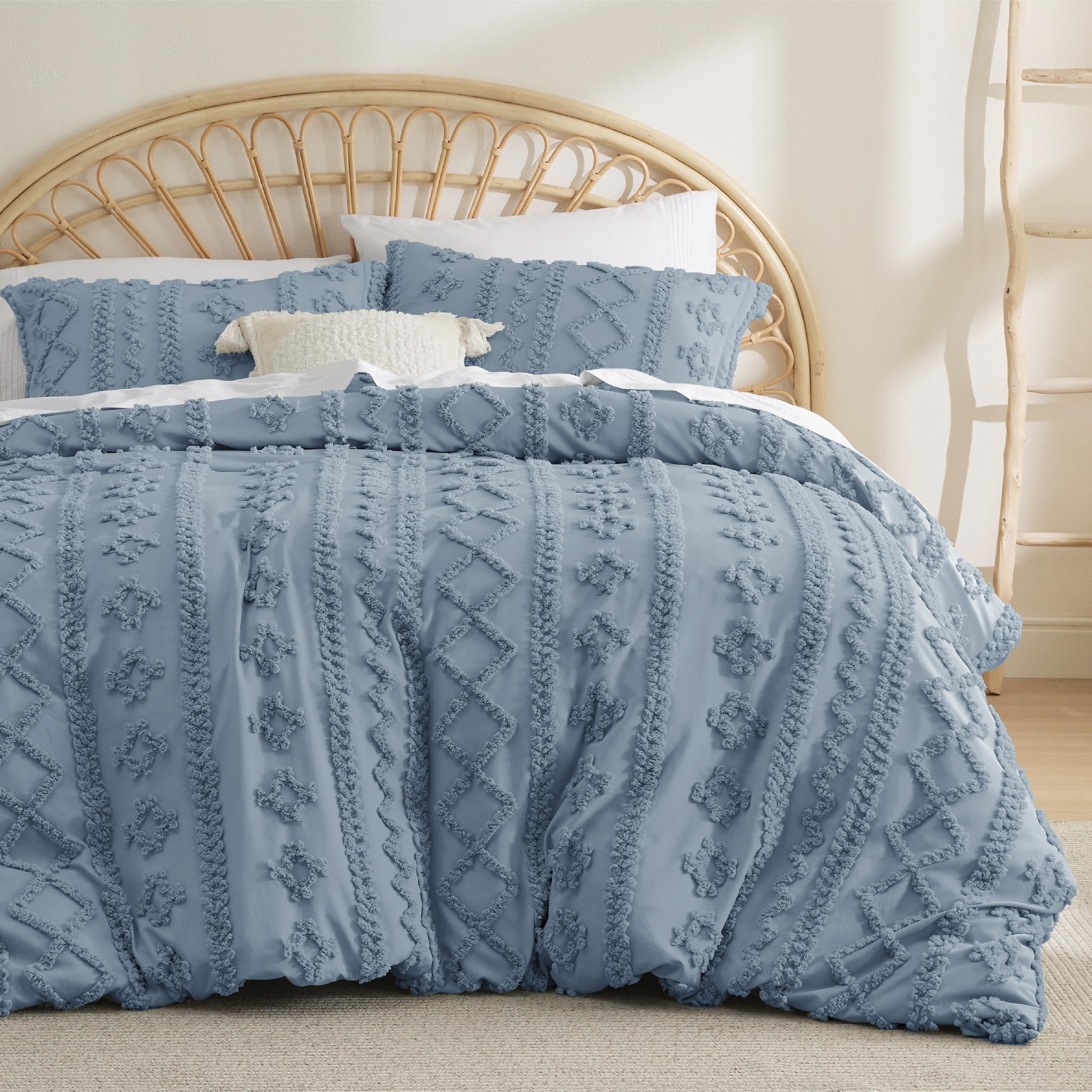 Bedsure Boho Duvet Cover King Size - Tufted Duvet Cover King Size For All Seasons, 3 Pieces Soft Shabby Chic Embroidery Boho Bedding Duvet Cover For Gifts (Dusty Blue, King, 104X90)
