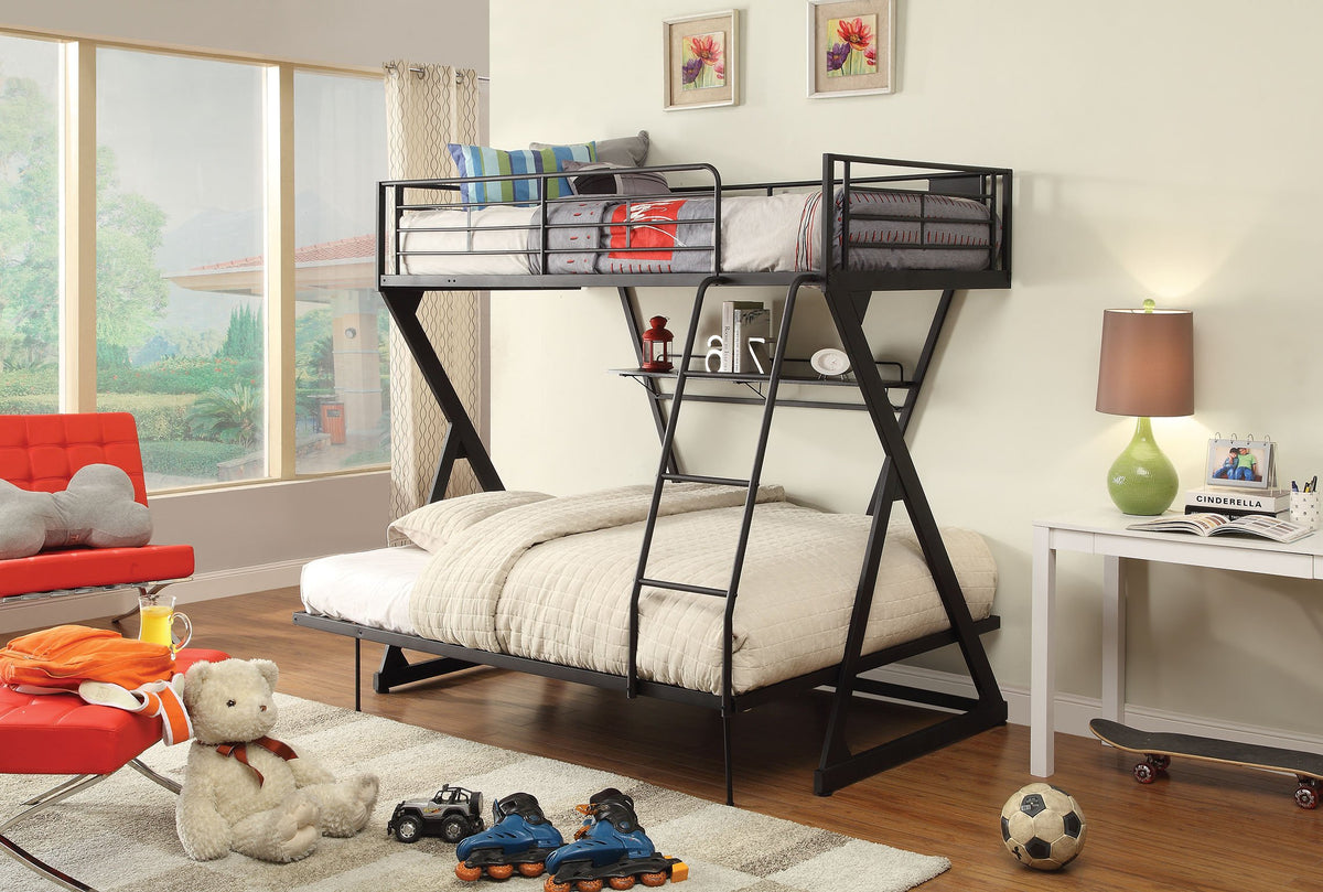 HomeRoots Furniture Twin/Full Bunk Bed with Bookshelf Multicolor