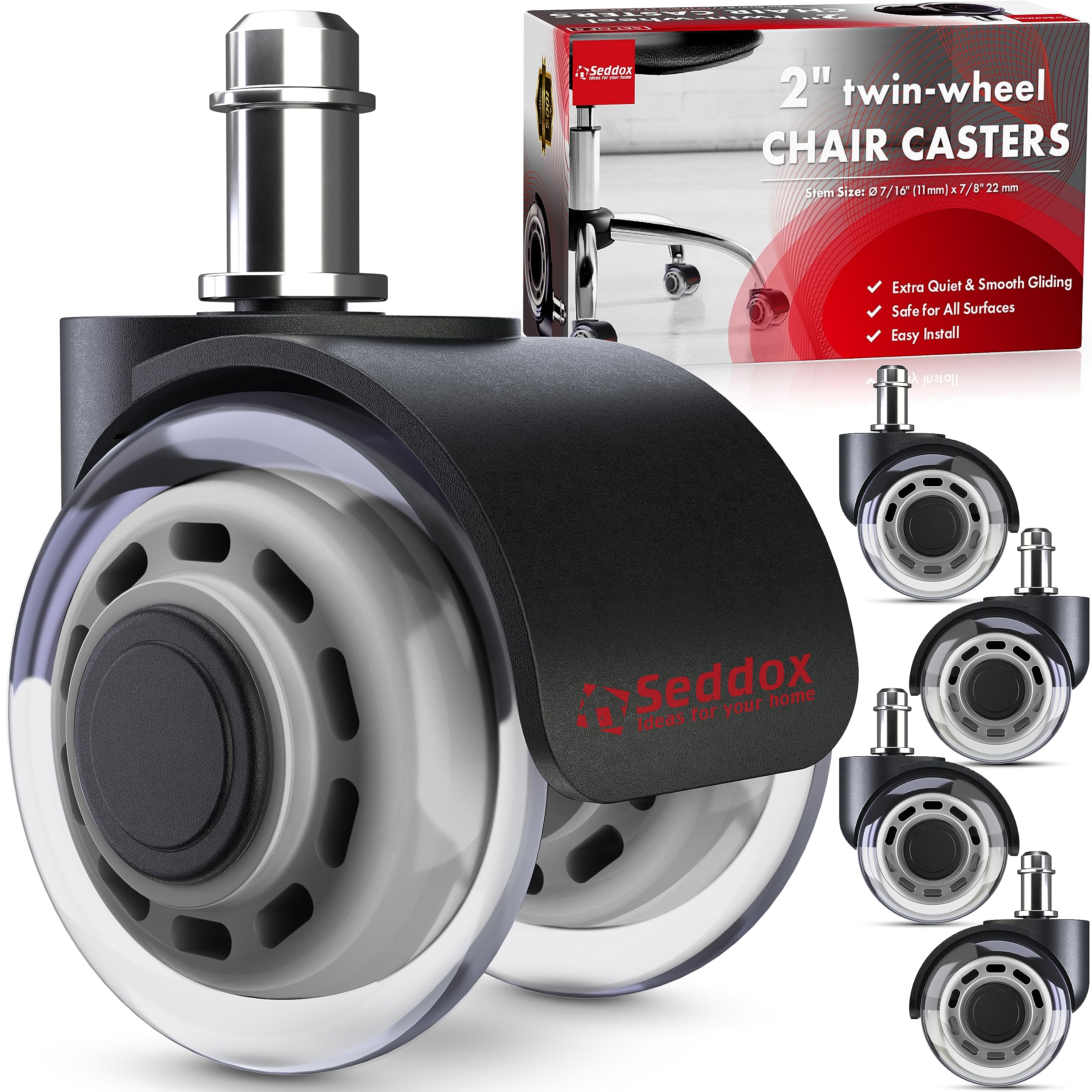 Seddox Office Chair Wheels Replacement Set Of 5 - Dual 2 Inch Soft Chair Casters For Hardwood Vinyl Tile - Heavy Duty & Safe For