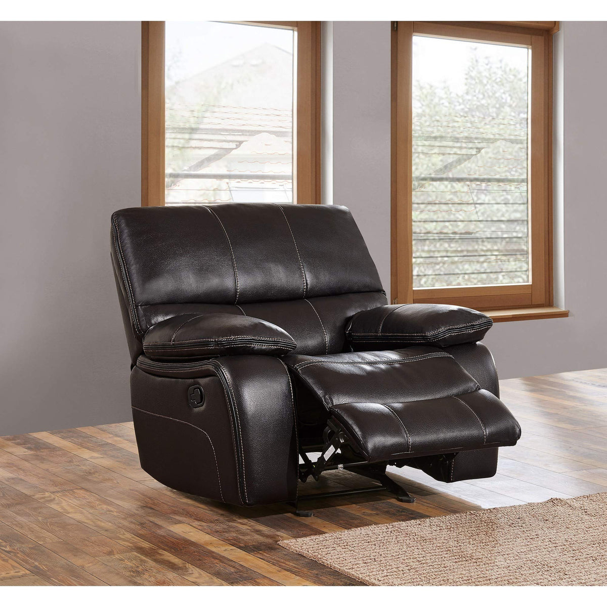 HomeRoots Wood, Metal Espresso Black Leather Gel Cover Glider Recliner in Removable Back and Extra Plush Cushions