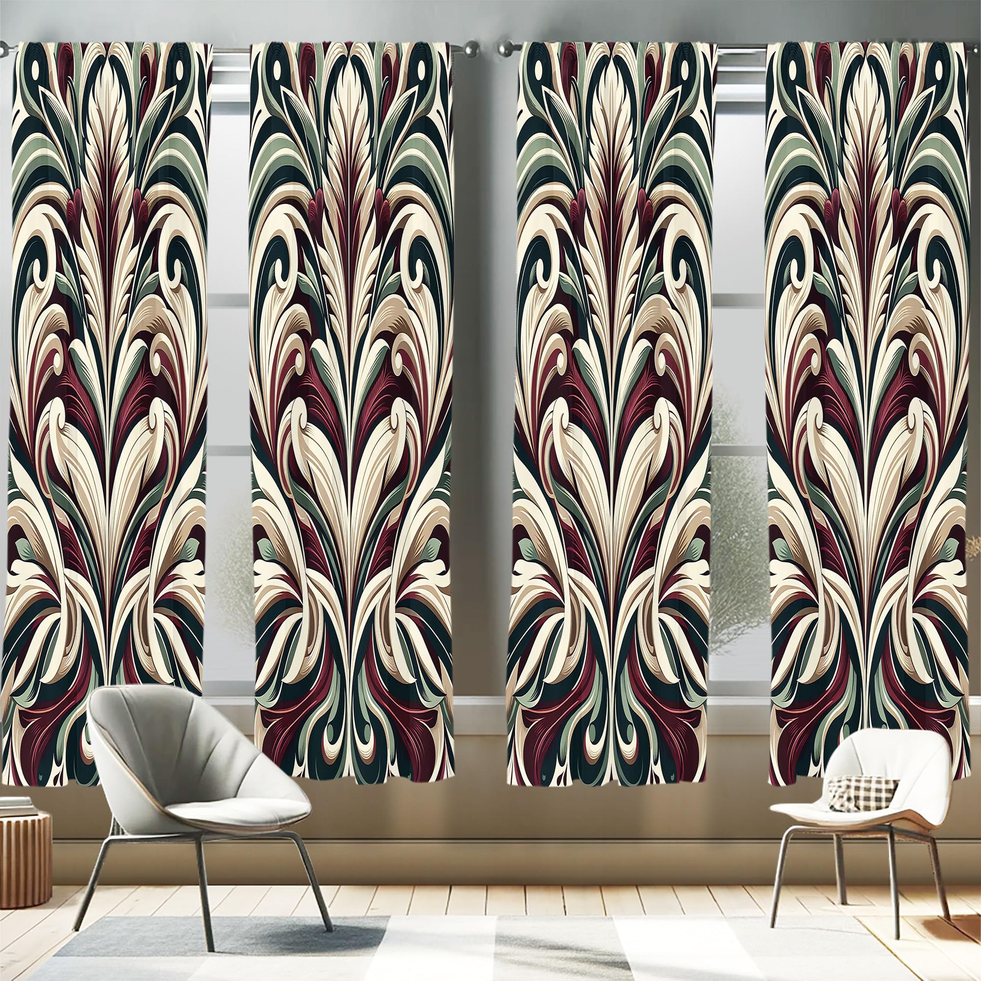 Ambesonne Leafy Art Window Curtains Pack Of 2, Pastel Tones Illustrated Curlicue Leaves With Victorian Inspirations, Lightweight