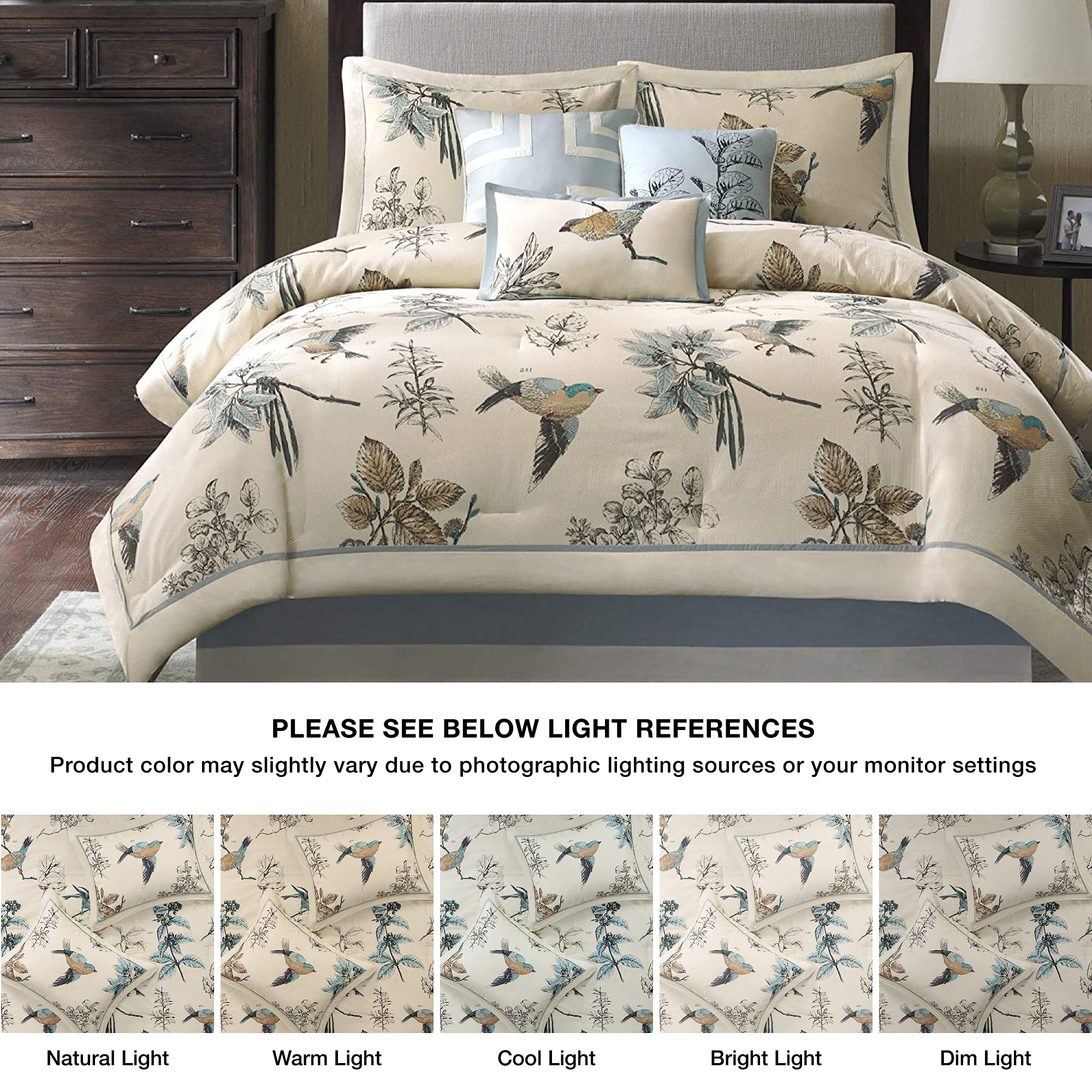 Madison Park Quincy Cozy Comforter Nature Scenery Design - All Season Bedding, Matching Bed Skirt, Decorative Pillows, Quincy, Leaf & Bird Khaki Queen(90'X90') 7 Piece