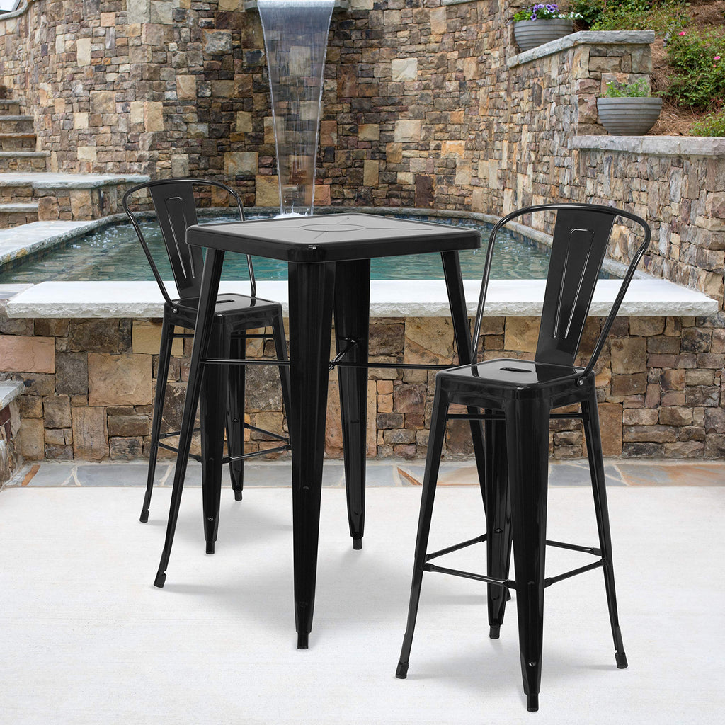 Flash Furniture Commercial Grade 23.75" Square Black Metal Indoor-Outdoor Bar Table Set with 2 Stools with Backs