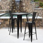 Flash Furniture Commercial Grade 23.75" Square Black Metal Indoor-Outdoor Bar Table Set with 2 Stools with Backs