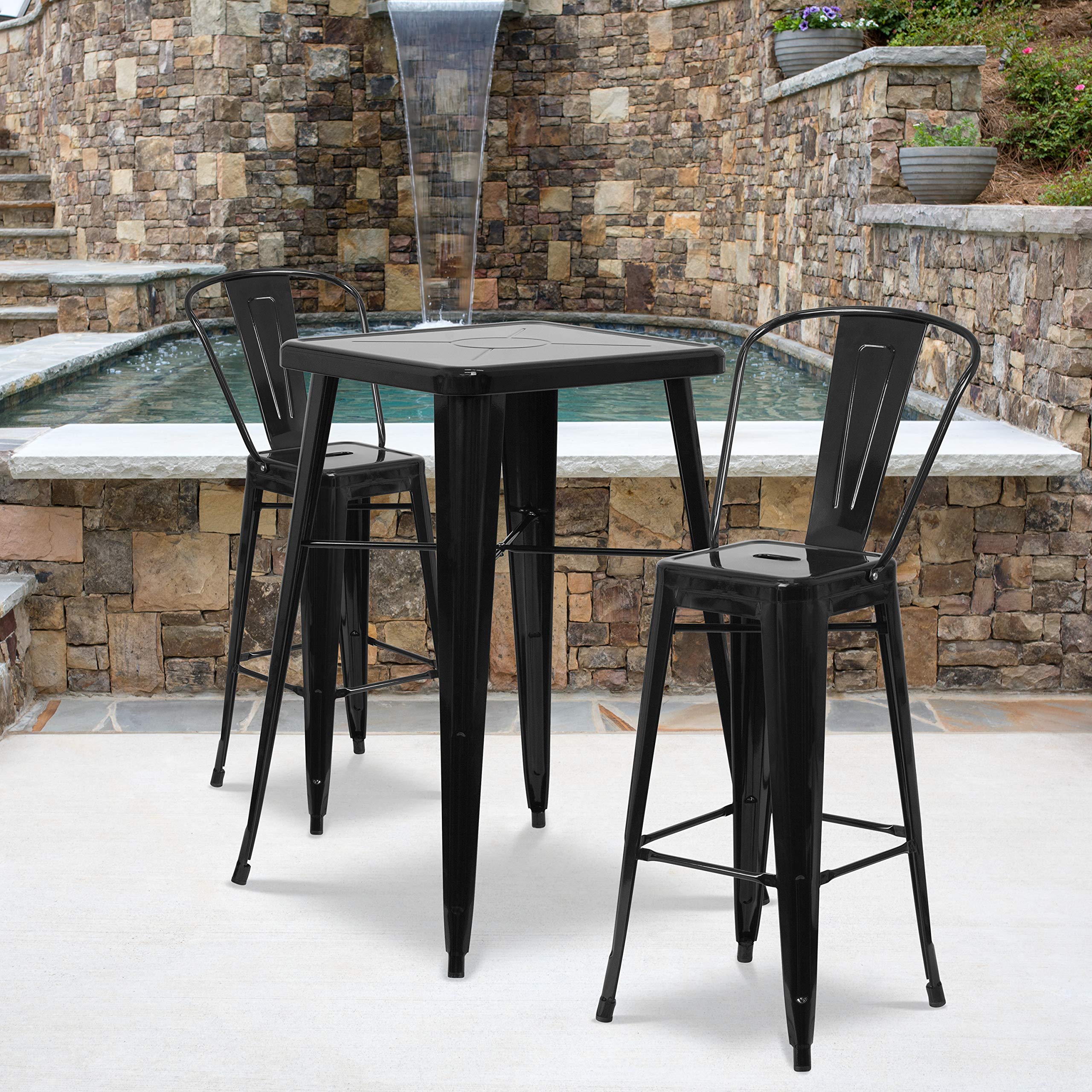 Flash Furniture Commercial Grade 23.75" Square Black Metal Indoor-Outdoor Bar Table Set with 2 Stools with Backs