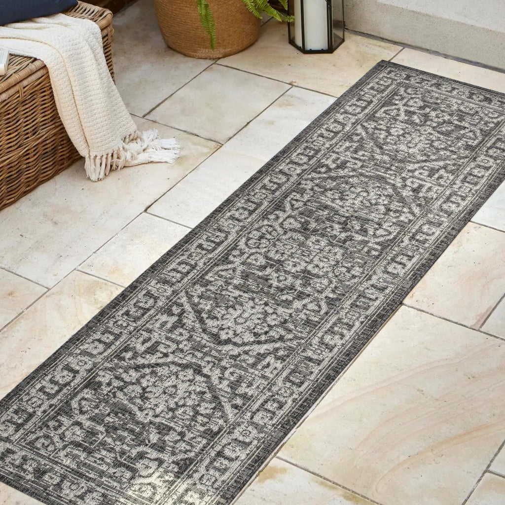 Jonathan Y Smb104C-28 Malta Bohemian Medallion Textured Weave Indoor Outdoor Area Rug, Coastal, Traditional, Transitional Easy Cleaning,Bedroom,Kitchen,Backyard,Patio,Non Shedding, Black/Gray, 2 X 8