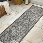 Jonathan Y Smb104C-28 Malta Bohemian Medallion Textured Weave Indoor Outdoor Area Rug, Coastal, Traditional, Transitional Easy Cleaning,Bedroom,Kitchen,Backyard,Patio,Non Shedding, Black/Gray, 2 X 8