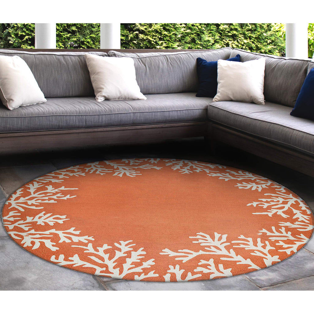Liora Manne Capri Coastal Indoor/Outdoor Rug, 8' Round, Coral Border Orange