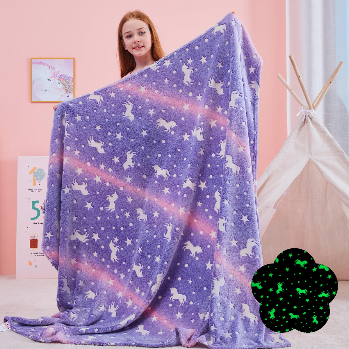 Qsteheml Unicorns Glow In The Dark Blanket For Girls,Unicorns Gifts For Girls Age 3 4 5 6 7 8 9 10 11 12 Year Old, Soft Girls Bl