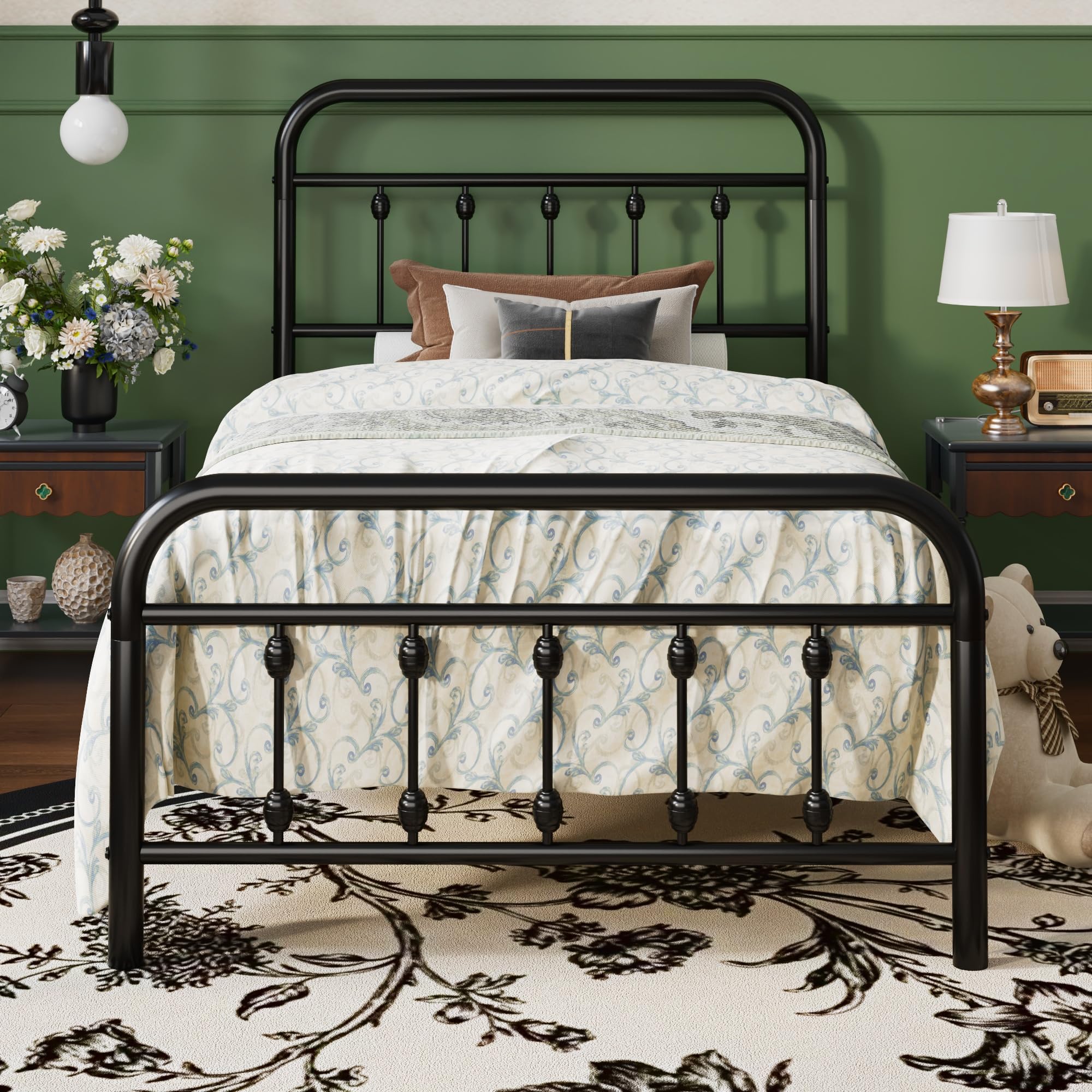 SHA CERLIN Twin Size Metal Platform Bed Frame with Victorian Style Iron-Art Headboard and Footboard, Easy Assembly, Under Bed St