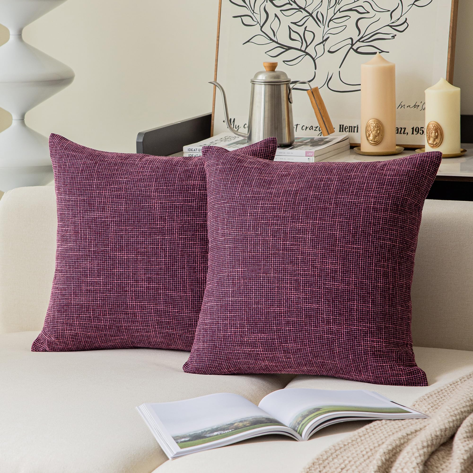 Kevin Textile Faux Linen Square 2 Tone Woven Throw Pillow Sham Cushion Case Covers For Car/Couch Use, 16-Inch(2 Packs, Red Purpl