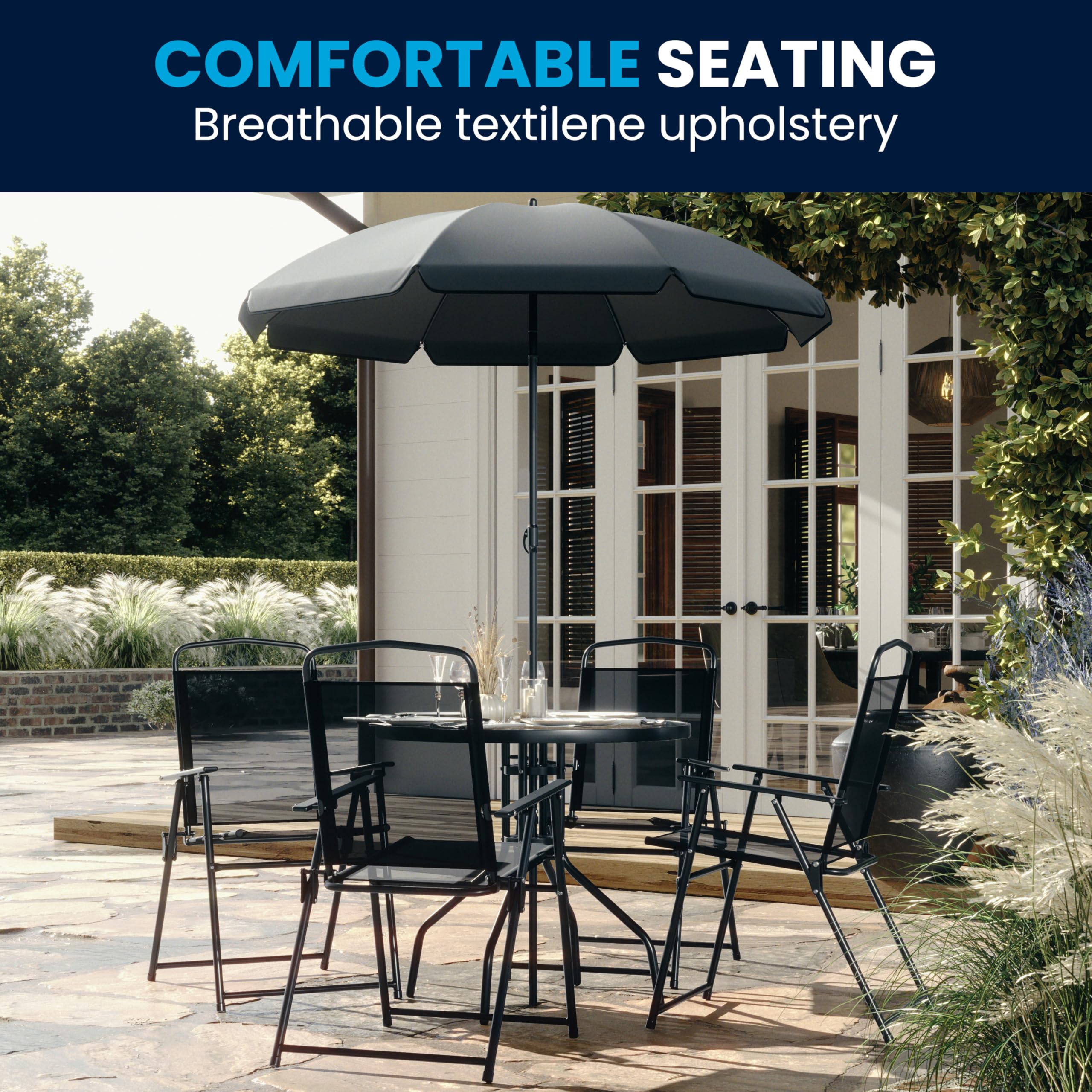 Flash Furniture Nantucket 6 Piece Patio Garden Table Set - Umbrella Table - Set of 4 Black Folding Chairs