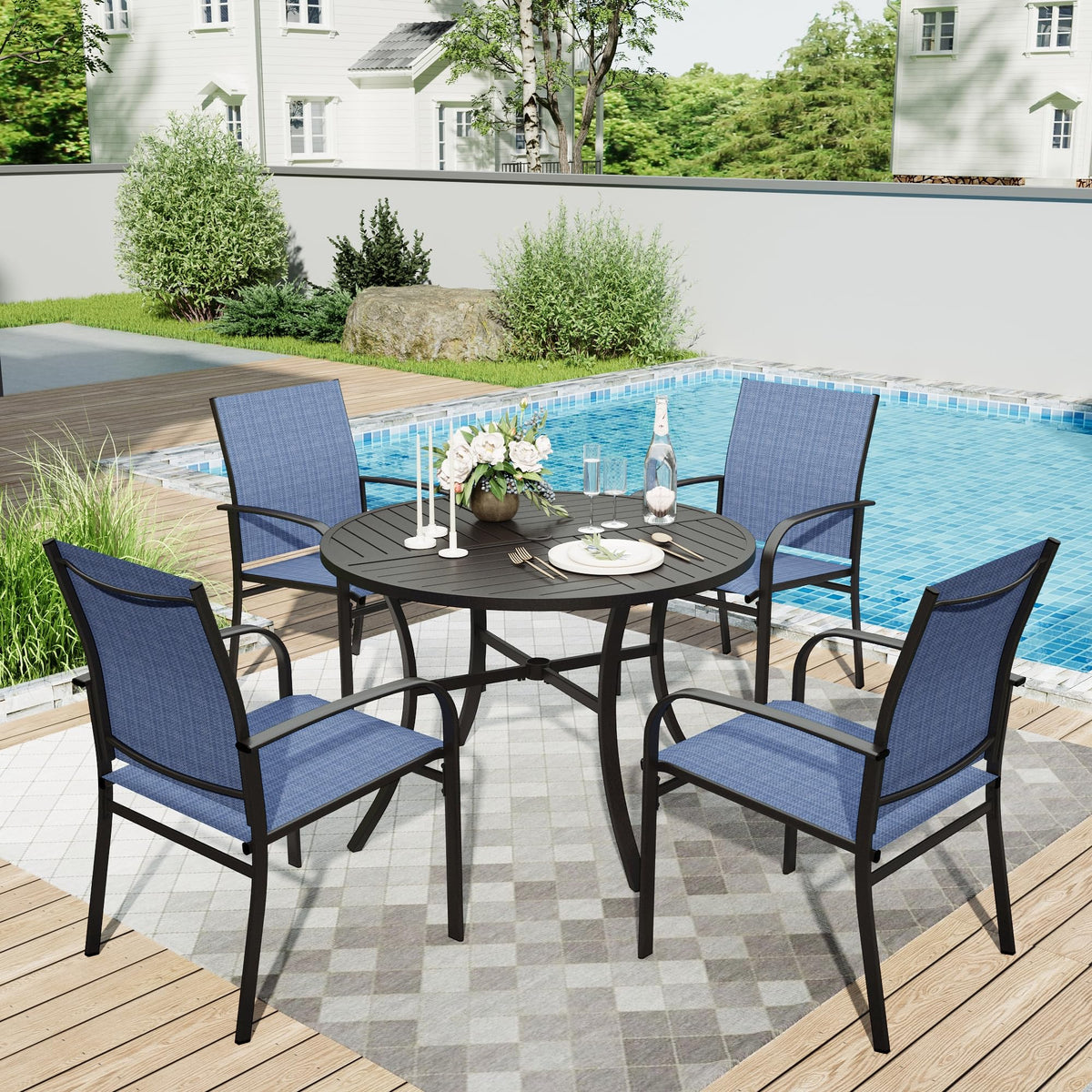 Hera'S House 5 Pieces Patio Dining Set, 4 X Blue Textilene Dining Chair, 42'' Metal Round Dining Table, Patio Table And Chairs S