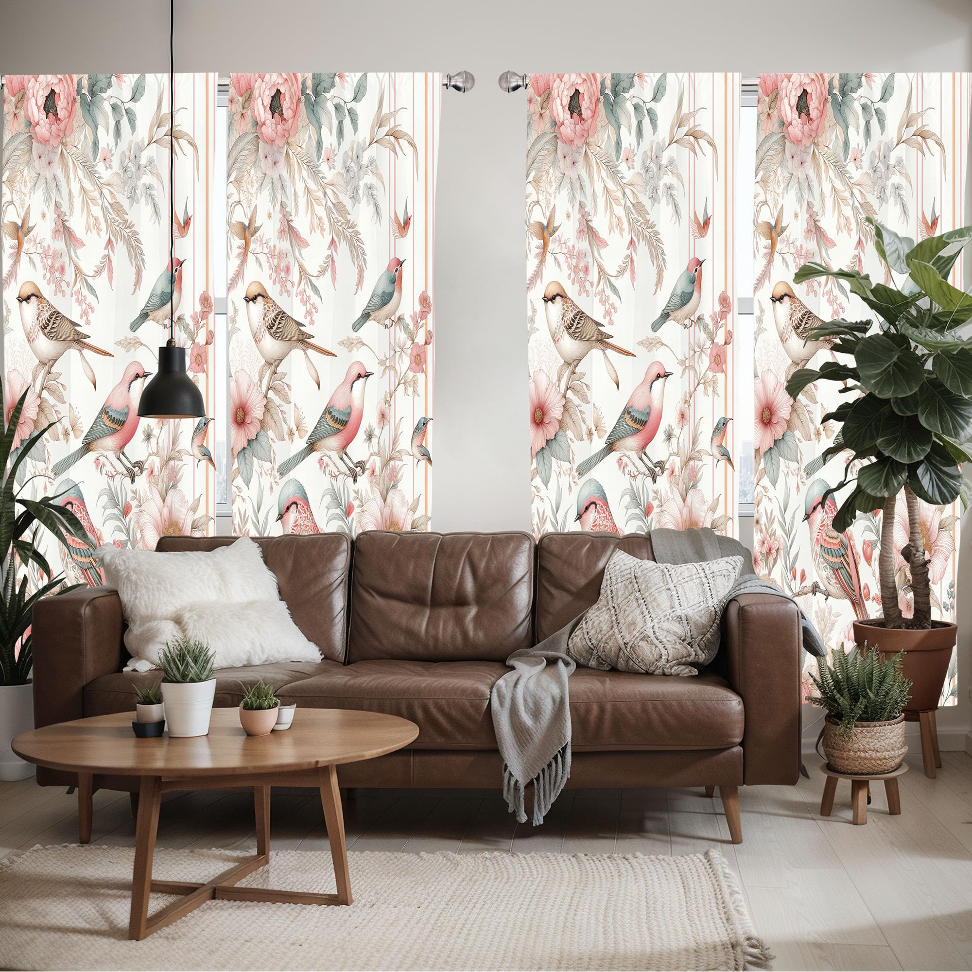 Ambesonne Birds And Nature Window Curtains Pack Of 2, Spring Garden Scenery With Flying Sparrows And Leafy Flowers, Lightweight