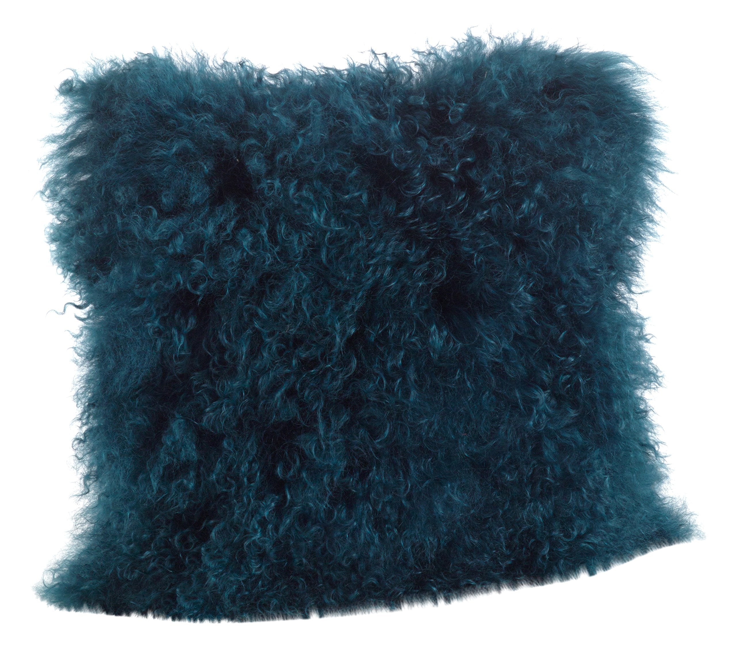 Saro Lifestyle 100% Wool Mongolian Lamb Fur Throw Pillow With Poly Filling, 16', Teal