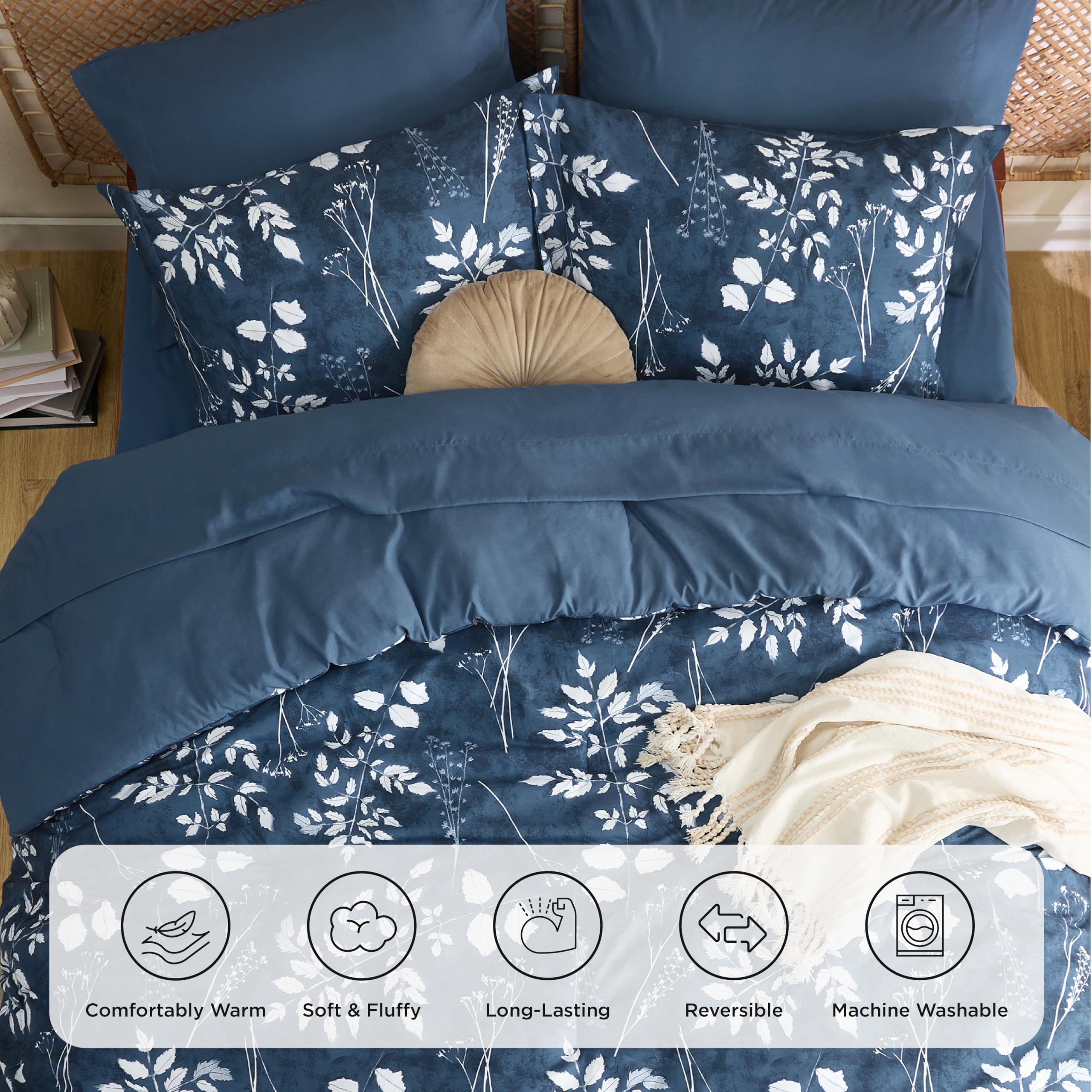 Bedsure Navy Full Comforter Set - 7 Pieces Floral Bedding Sets Full Bed In A Bag With Reversible Botanical Flowers Comforter, Sheets, Pillowcases & Shams