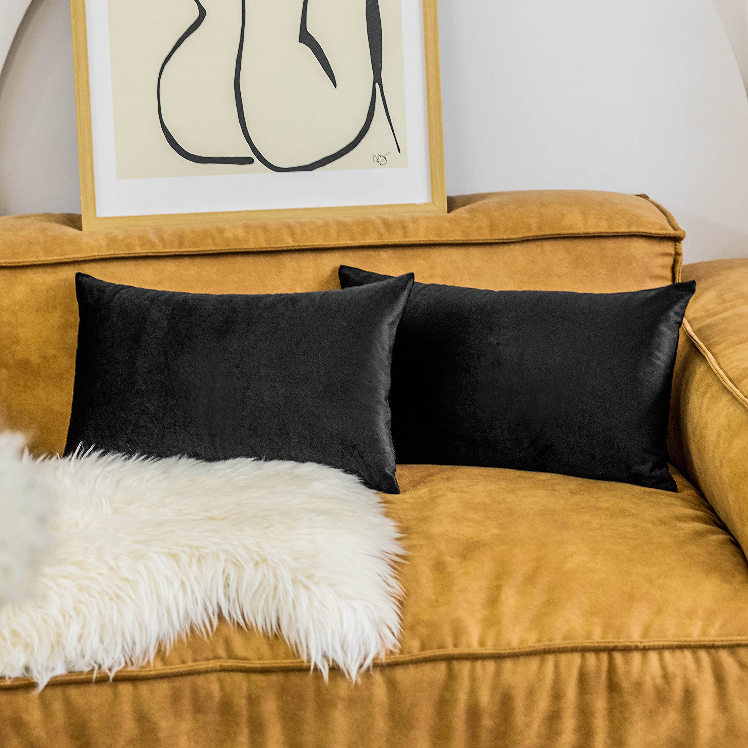 Home Brilliant Black Rectangle Pillow Covers 12 X 20 Inch Decorative Pillow Cases Velvet Accent Lumbar Cushion Covers For Sofa B