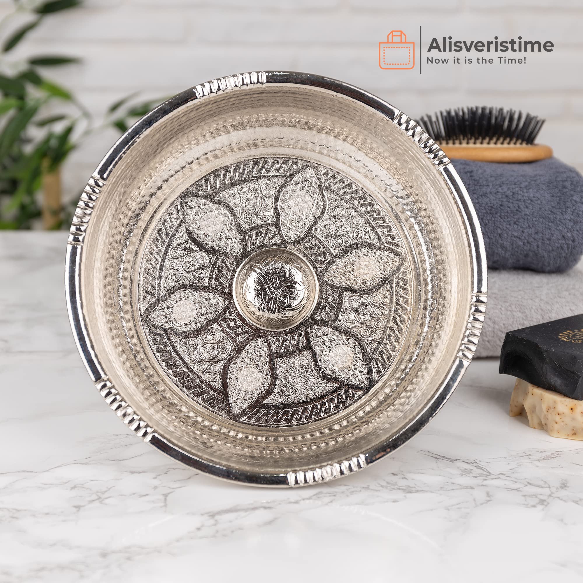 Alisveristime Traditional Turkish Bath Hammam Bowl With Authentic Motifs (440Gr (15.50 Oz) Made Of Zinc (7.87-Inch Diameter) (Si