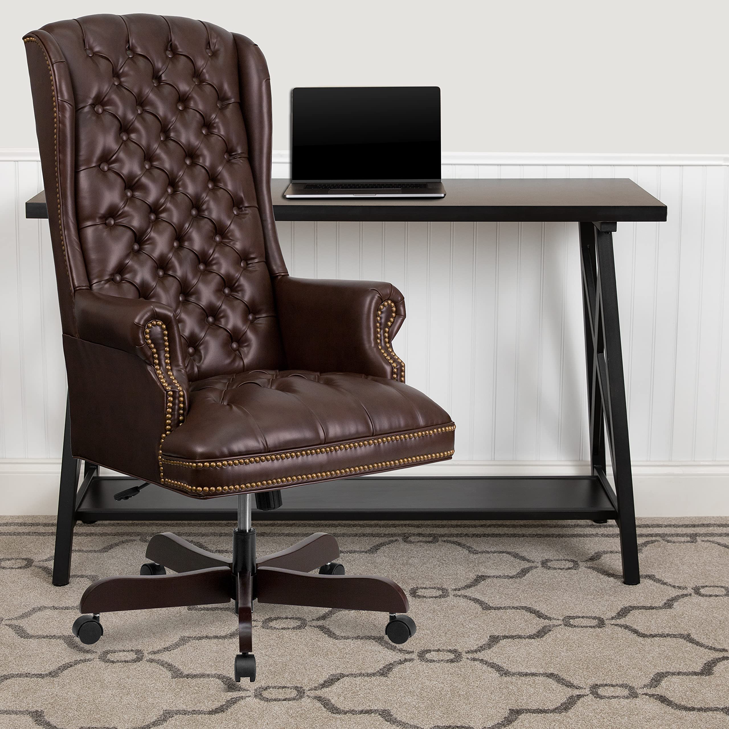 Flash Furniture High Back Traditional Fully Tufted Brown Leathersoft Executive Swivel Ergonomic Office Chair With Arms
