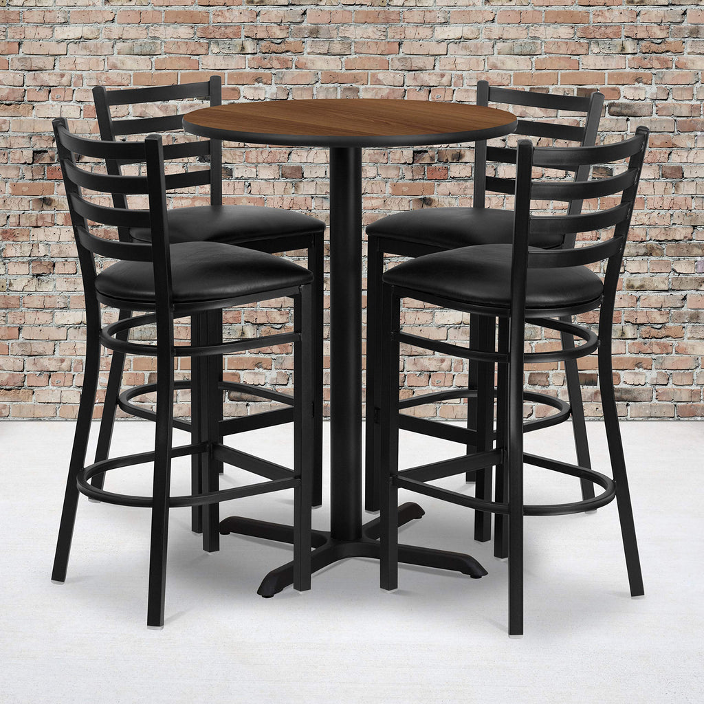 Flash Furniture 30'' Round Walnut Laminate Table Set with X-Base and 4 Ladder Back Metal Barstools - Black Vinyl Seat