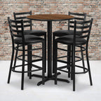 Flash Furniture 30'' Round Walnut Laminate Table Set with X-Base and 4 Ladder Back Metal Barstools - Black Vinyl Seat