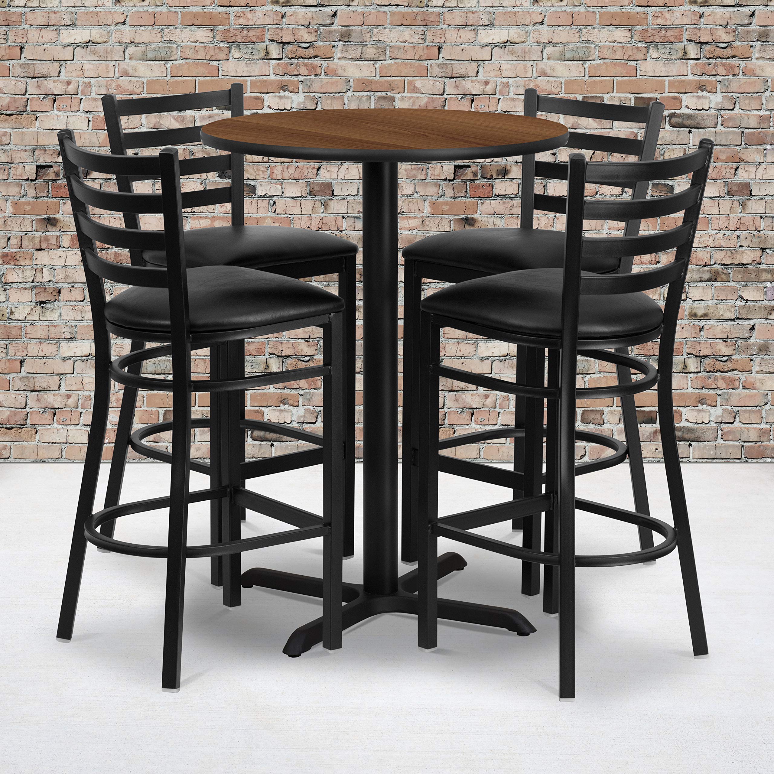 Flash Furniture 30'' Round Walnut Laminate Table Set with X-Base and 4 Ladder Back Metal Barstools - Black Vinyl Seat