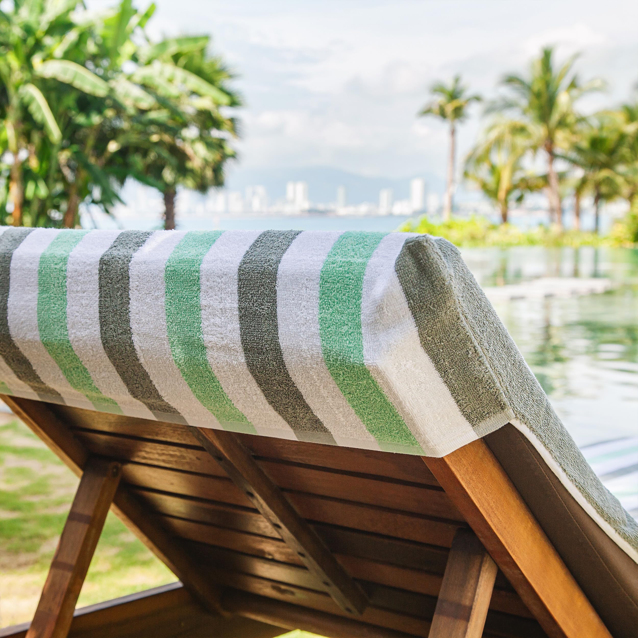 Arkwright Cabo Chaise Lounge Cover - Case Of 12 - Striped Soft Cotton Cabana Towel With Pocket Holder For Beach Pool Outdoor Chair, 30 X 85 In., Grey/Mint