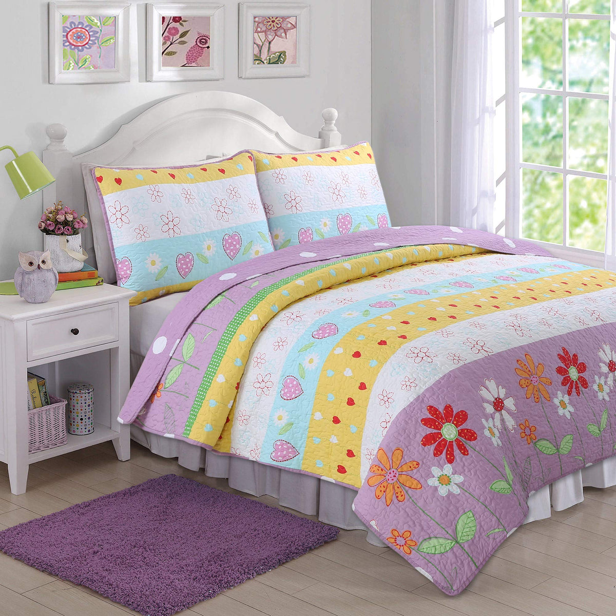 Cozy Line Home Fashions Floral Heart Print Reversible Girl Bedding Quilt Set, Bedspread, Coverlet (Flower Garden, Twin - 2 Piece