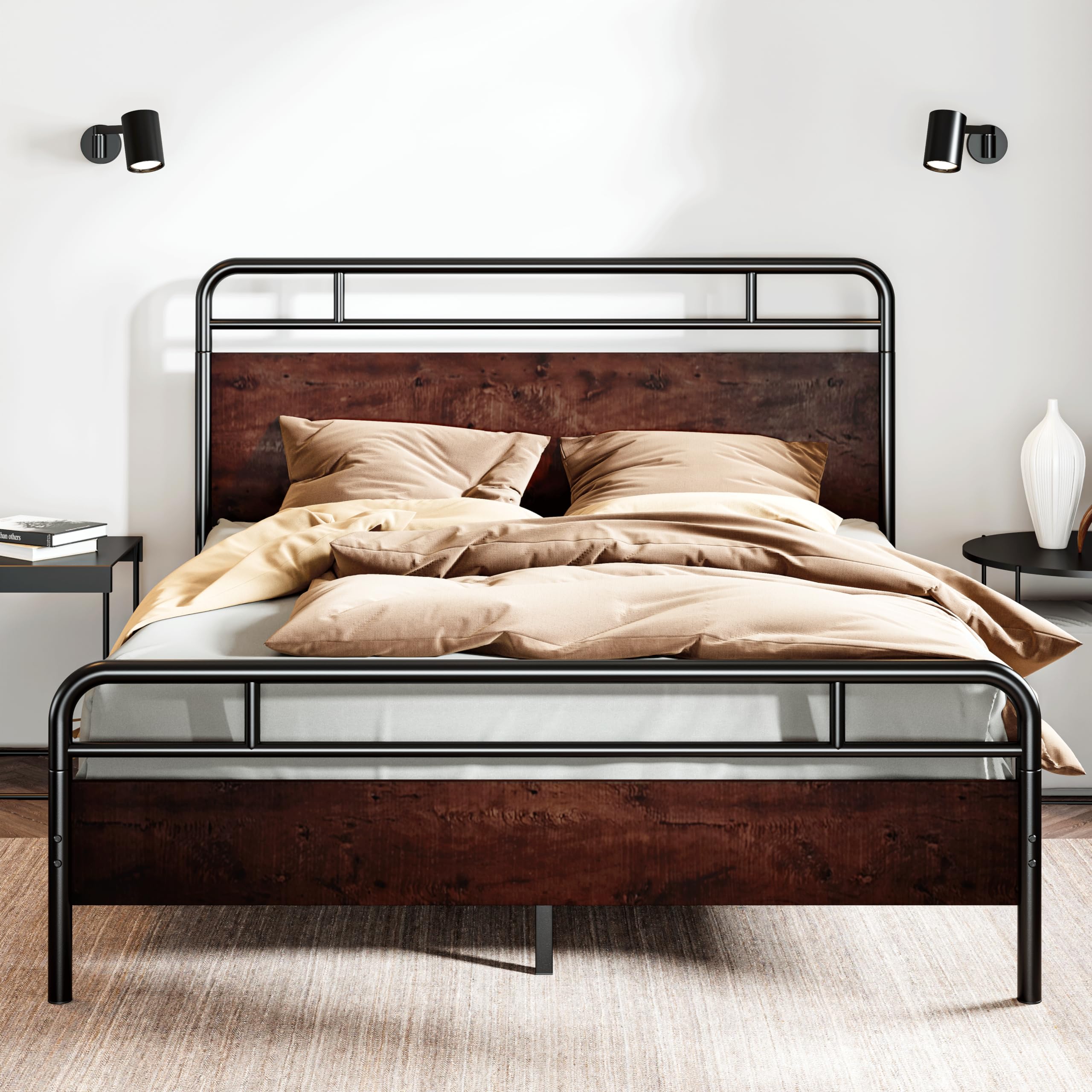 SHA CERLIN Full Size Bed Frame with Wooden Headboard and Footboard, Rounded Corner Metal Structure, Heavy Duty Slats with Under-