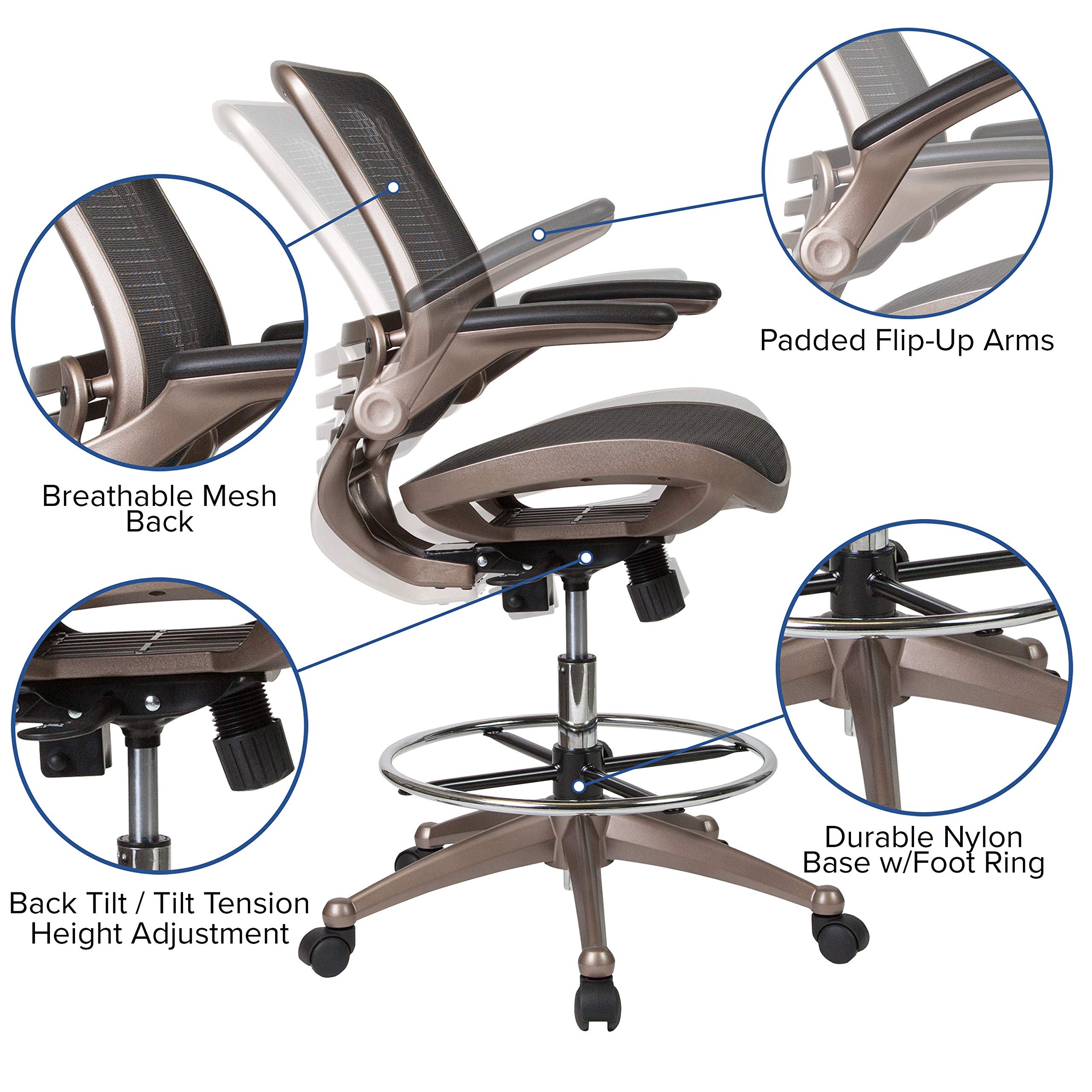 Flash Furniture Waylon Mid-Back Swivel Office Chair With Adjustable Foot Ring And Seat Height, Ergonomic Mesh Chair With Armrests, Black/Gold