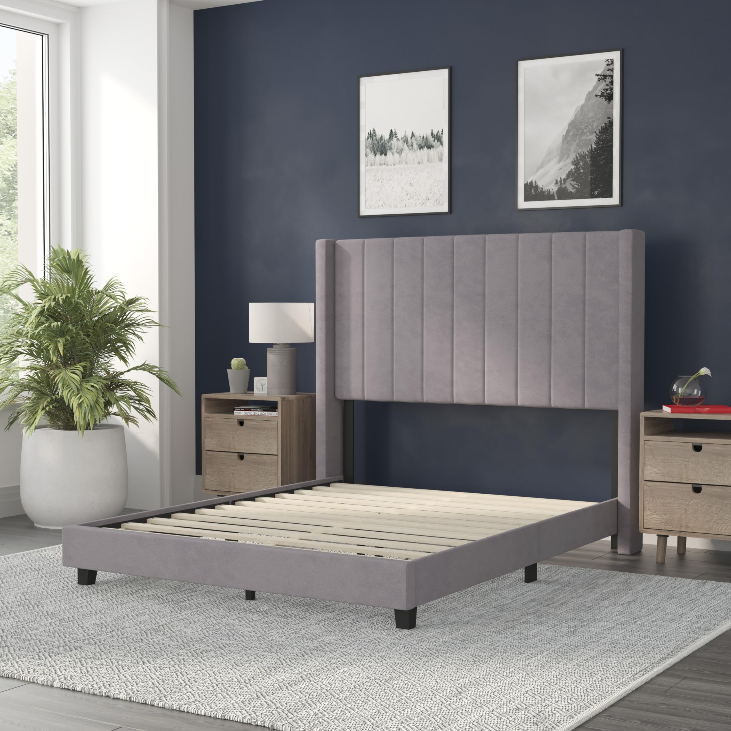 Flash Furniture Bianca Upholstered Platform Bed - Gray Velvet Upholstery - Full - Wingback Headboard - Slatted Mattress Foundation - No Box Spring Needed