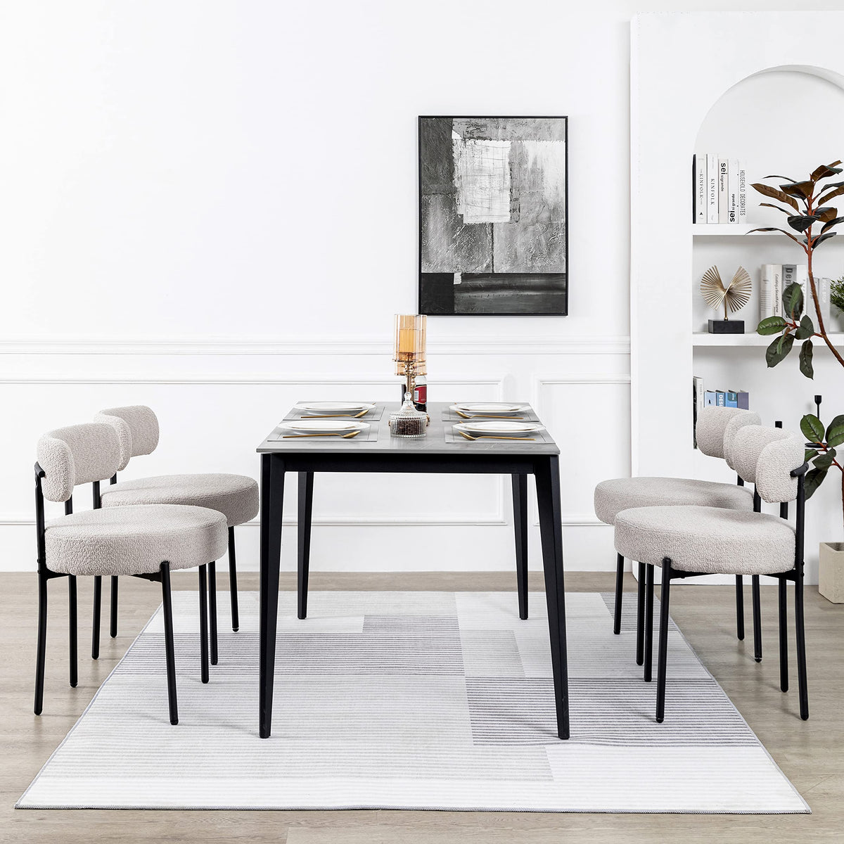 Dyhome Light Grey Boucle Dining Chairs Set Of 4, Upholstered Kitchen Dining Room Chairs With Metal Legs, Round Modern Dining Roo