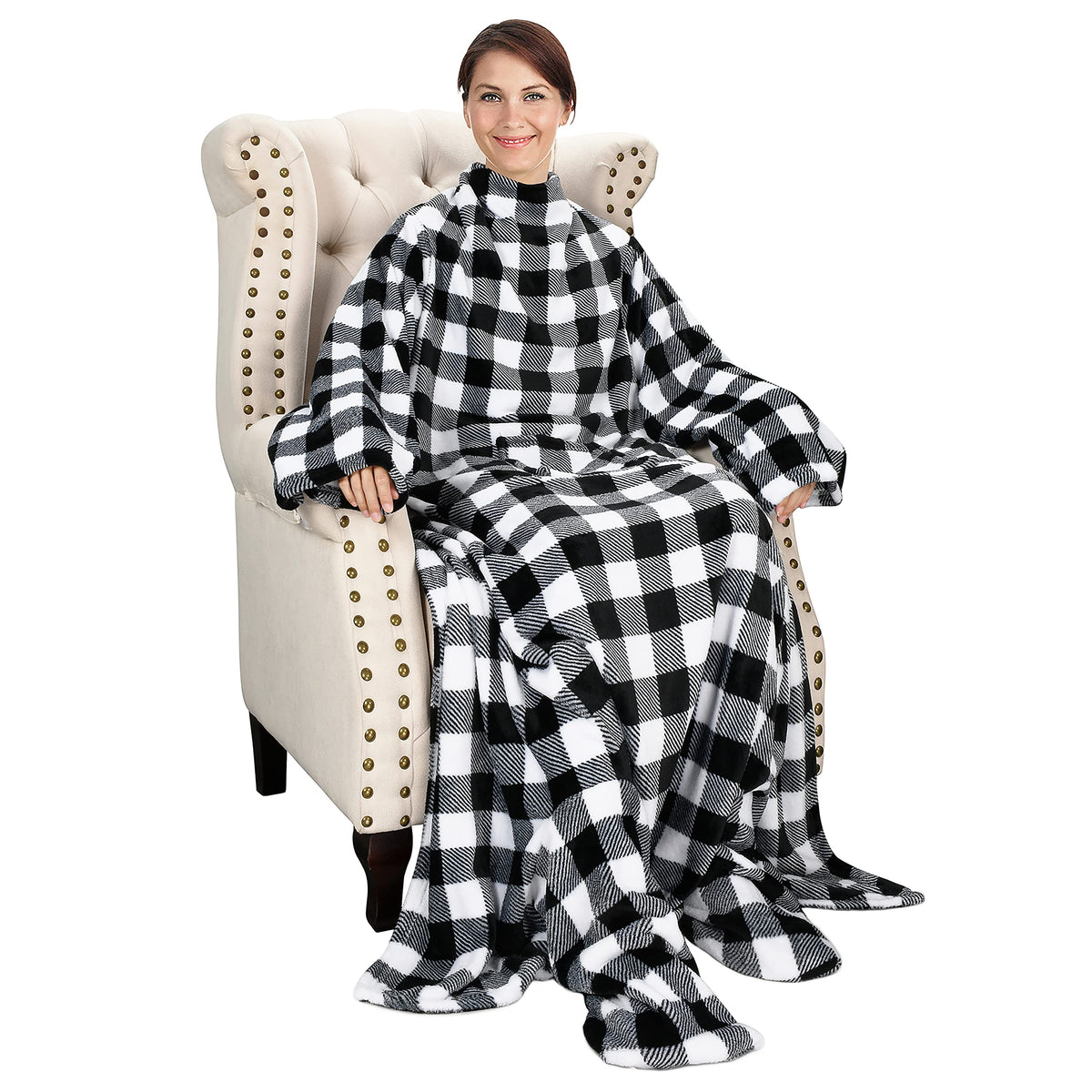 Catalonia Plaid White Wearable Fleece Blanket With Sleeves And Foot Pockets For Adult Women Men, Micro Plush Comfy Wrap Sleeved