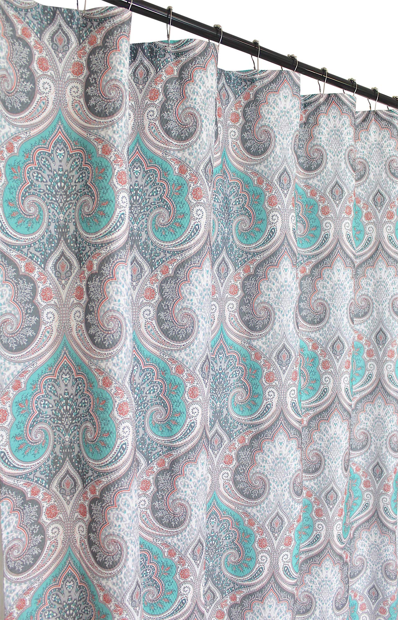Boho Floral Damask Fabric Shower Curtain For Bathroom: Teal Pink Grey