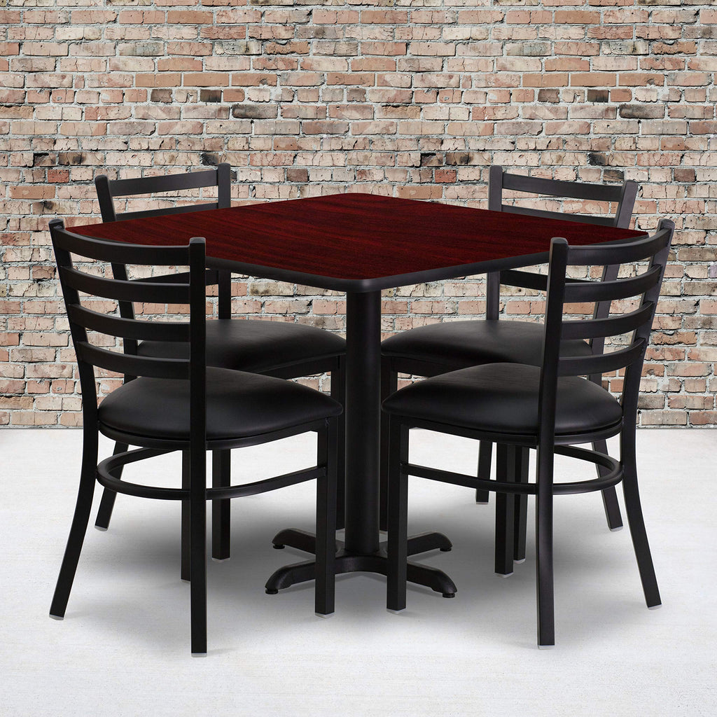 Flash Furniture 36'' Square Mahogany Laminate Table Set With X-Base And 4 Ladder Back Metal Chairs - Black Vinyl Seat