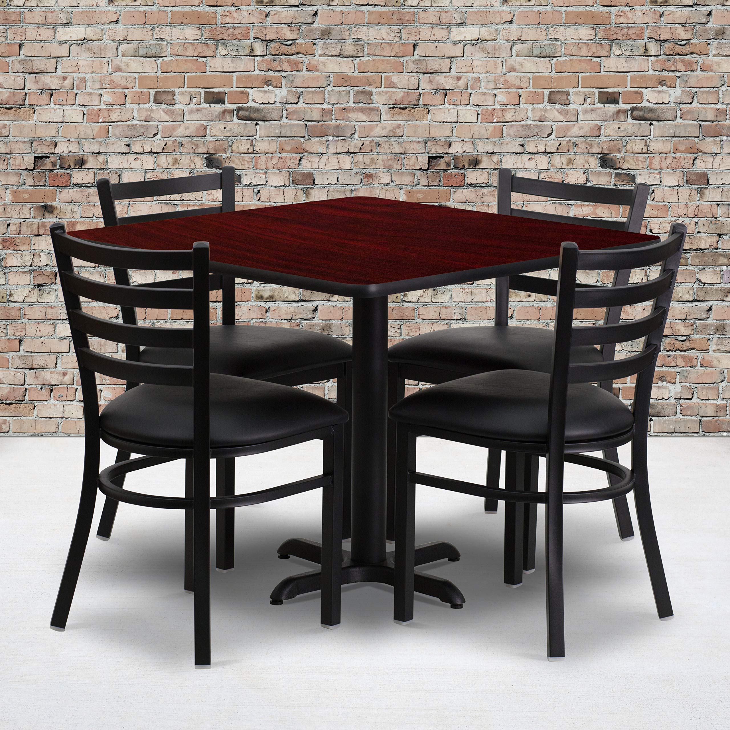 Flash Furniture 36'' Square Mahogany Laminate Table Set With X-Base And 4 Ladder Back Metal Chairs - Black Vinyl Seat