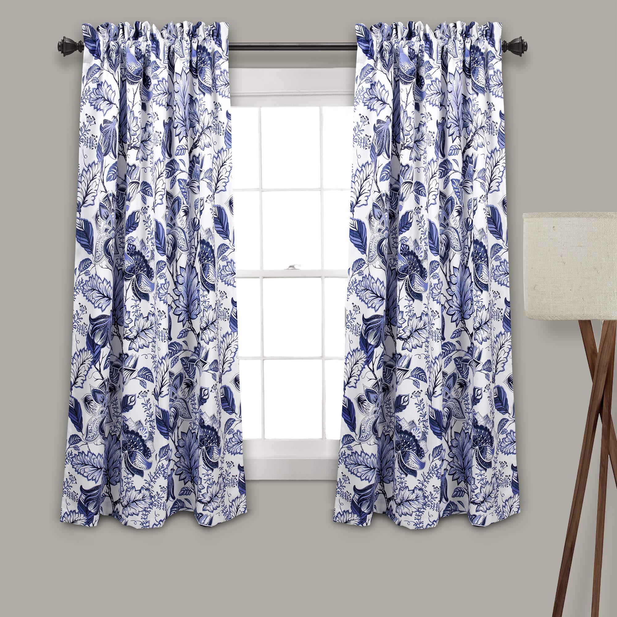 Lush Decor, Blue Cynthia Jacobean Darkening Window Curtains Set For Living, Dining Room, Bedroom, 63' L Panel Pair