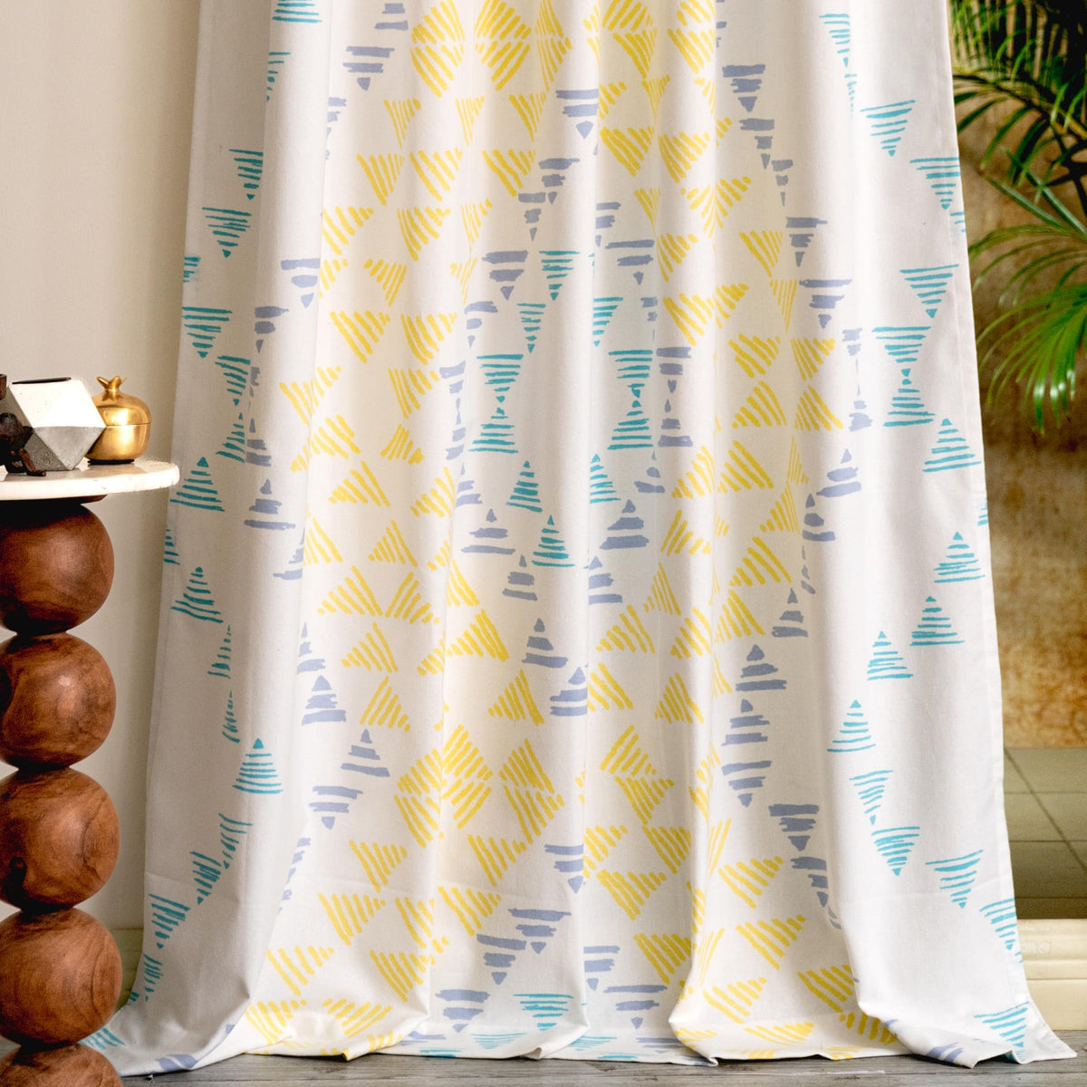Tranquebar Curtain Co. Window Curtains 5 Feet, 6065% Room Darkening,YellowMint Geometric Print,Cotton Curtains for Window, Cot