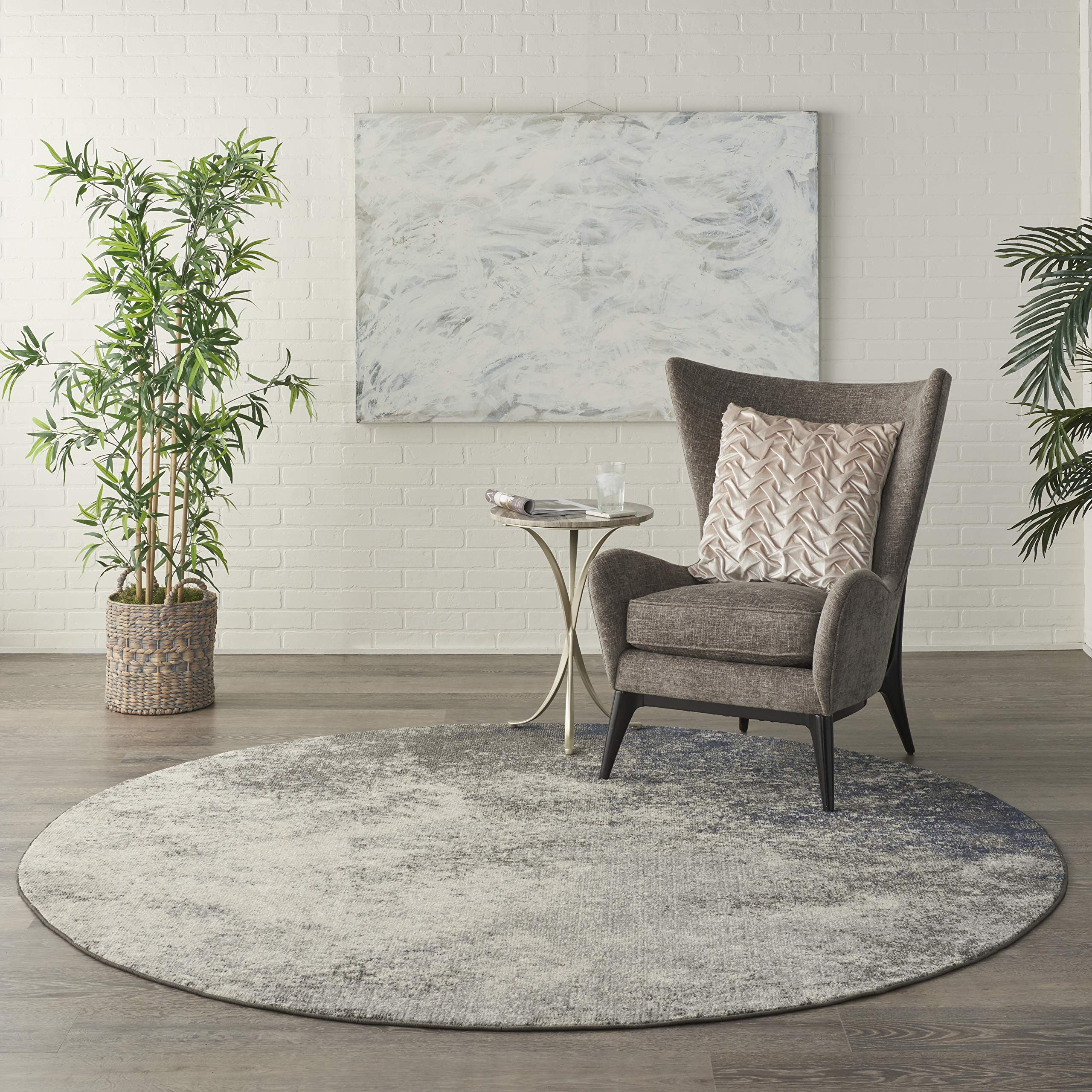 Nourison Passion Charcoal/Ivory 8 x Round Area--Rug, Modern, Abstract, Easy--Cleaning, Non Shedding, Bed Room, Living Room, Din