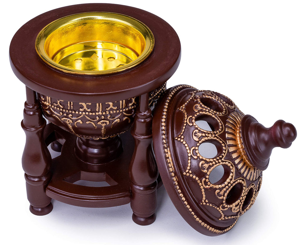 Am Charcoal Incense Burner - Bakhoor Burner, Oud Frankincense Resin Burner - For Office & Home Decor - Lavish 4 Pillar Brown