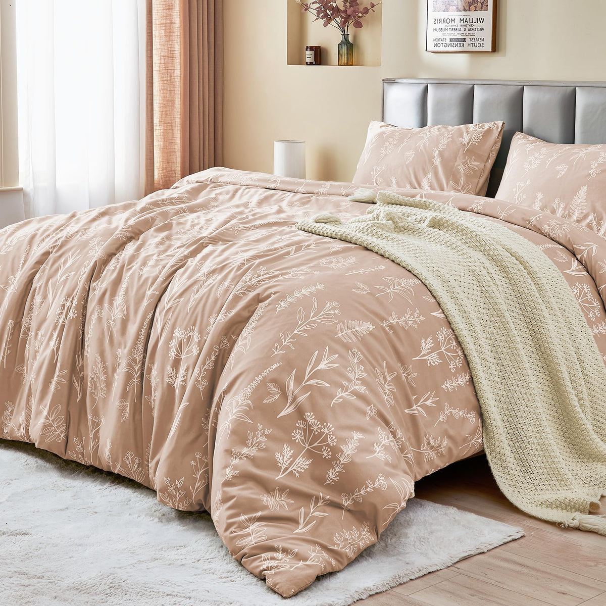 Muxhomo Duvet Cover Queen Size, Reversible Floral Rosy Gold Duvet Cover Set With Zipper Closure, 3 Pieces Botanical Patterns Sof