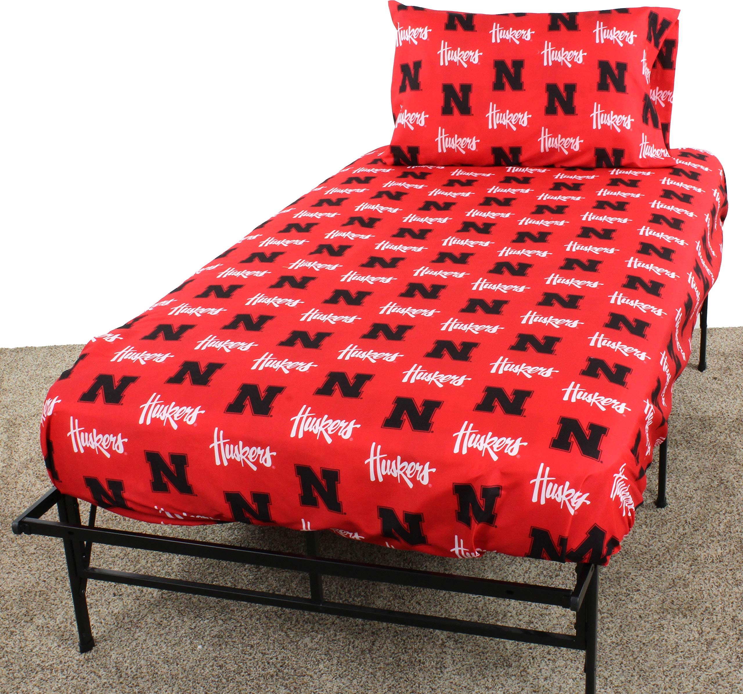 Everything Comfy Nebraska Cornhuskers Queen Sized 4 Piece Sheet Set, Team Color Background, 1 Flat Sheet, 1 Fitted Sheet, 2 Pill