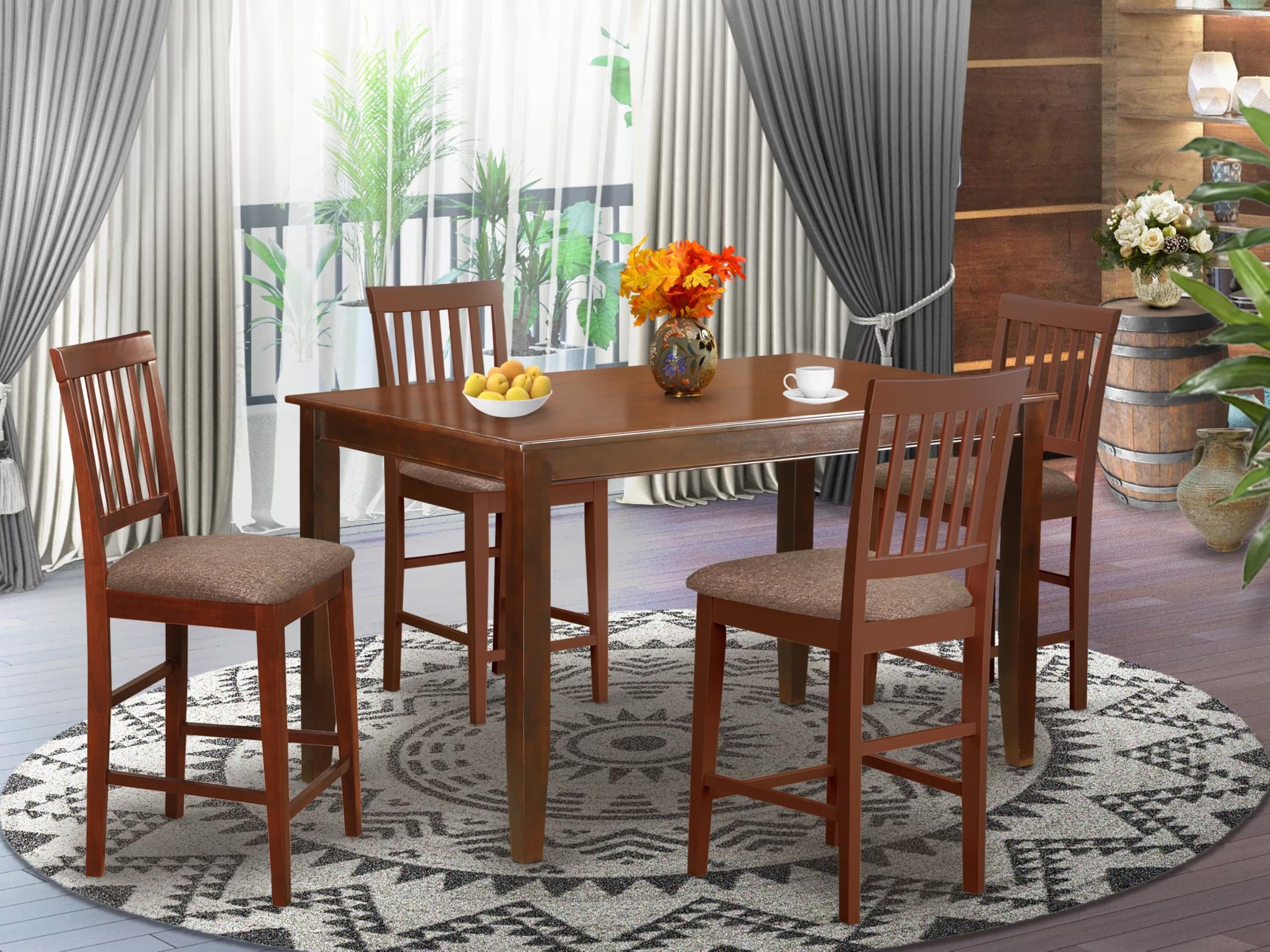 East West Furniture DUVN5H-MAH-C 5 Piece Kitchen Counter Set Includes a Rectangle Dining Room Table and 4 Linen Fabric Upholstered Dining Chairs, 36x60 Inch, Mahogany
