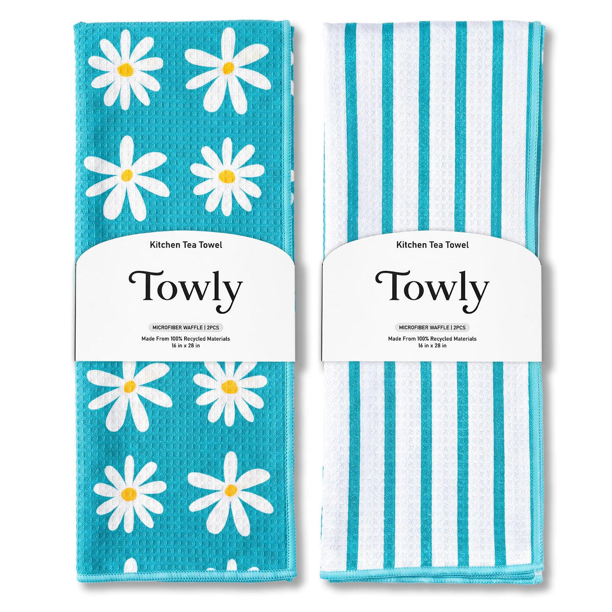 TOWLY Kitchen Towels Set of 2, DoubleSided 16x28 Microfiber Waffle Weave Dish Towels with Hanging Loop, Absorbent QuickDry Tea