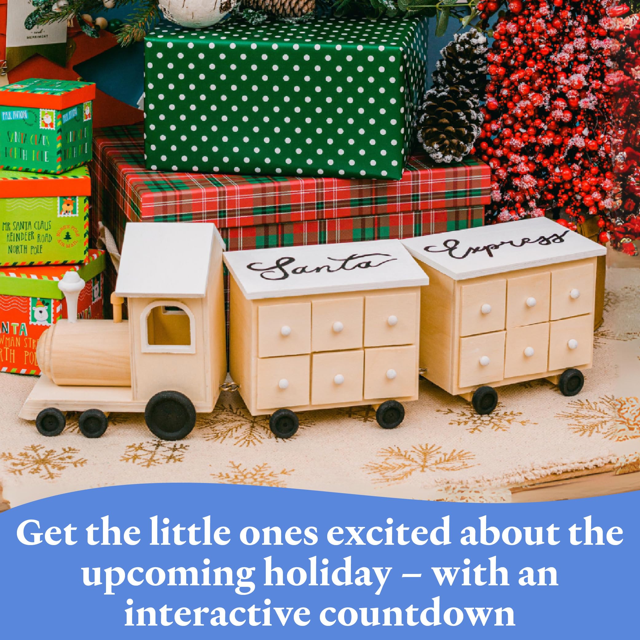 Train Wood Advent Calendar 8 X 22 Inch, Pack Of 2 Unfinished Christmas Advent Calendar With 24 Empty Drawers For Crafts, By Wood