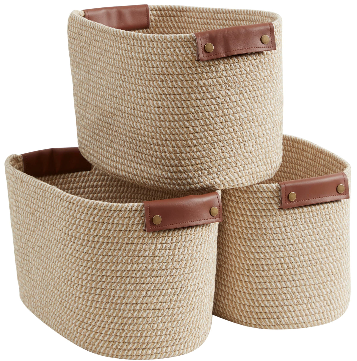 Organizix 3 Pack Woven Cotton Rope Storage Basket, 15x10x9, MultiBrown