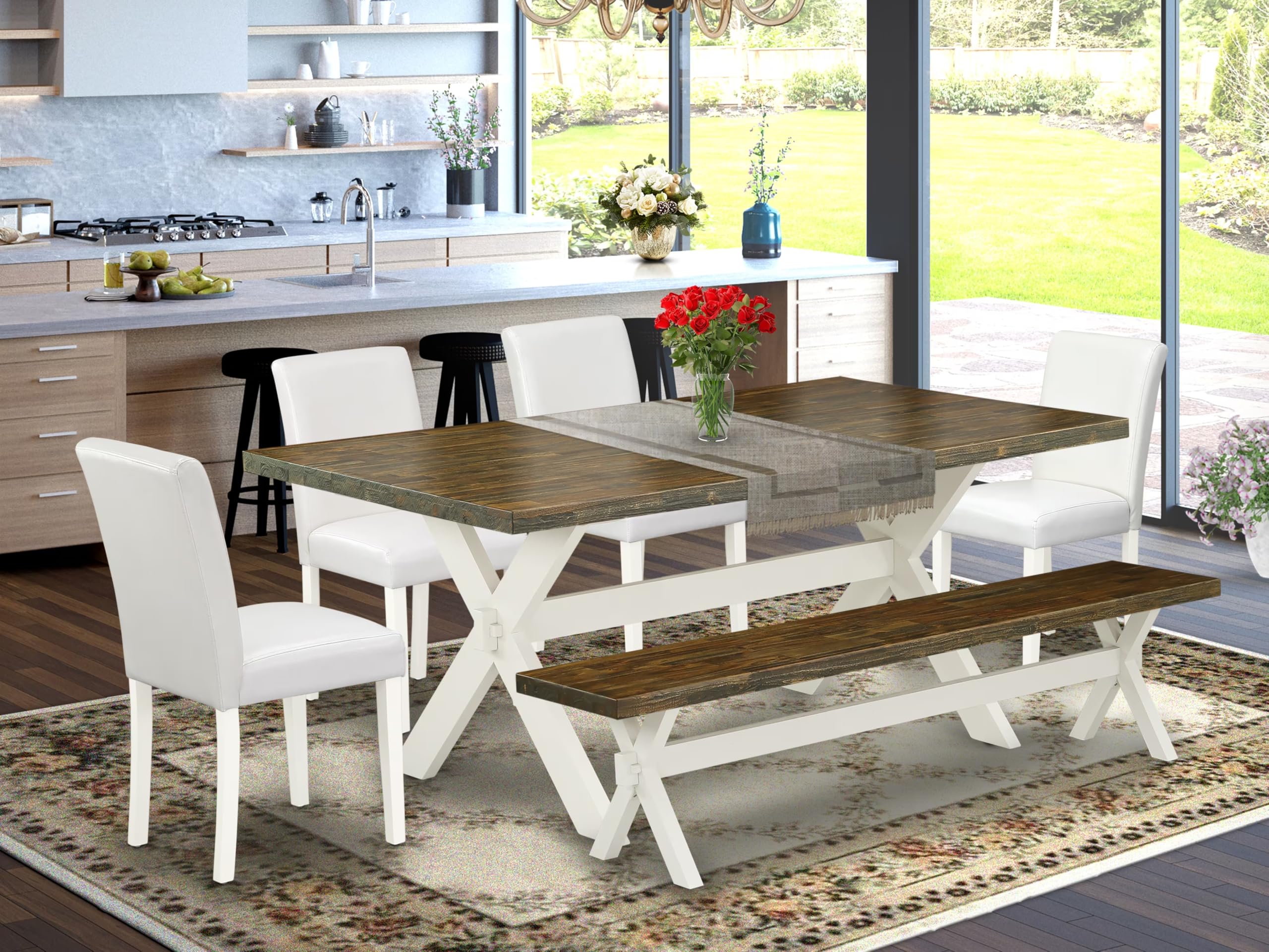 East West Furniture X077Ab264-6 6 Piece Dinette Set Contains A Rectangle Dining Table With X-Legs And 4 White Faux Leather Parson Chairs With A Bench, 40X72 Inch, Multi-Color