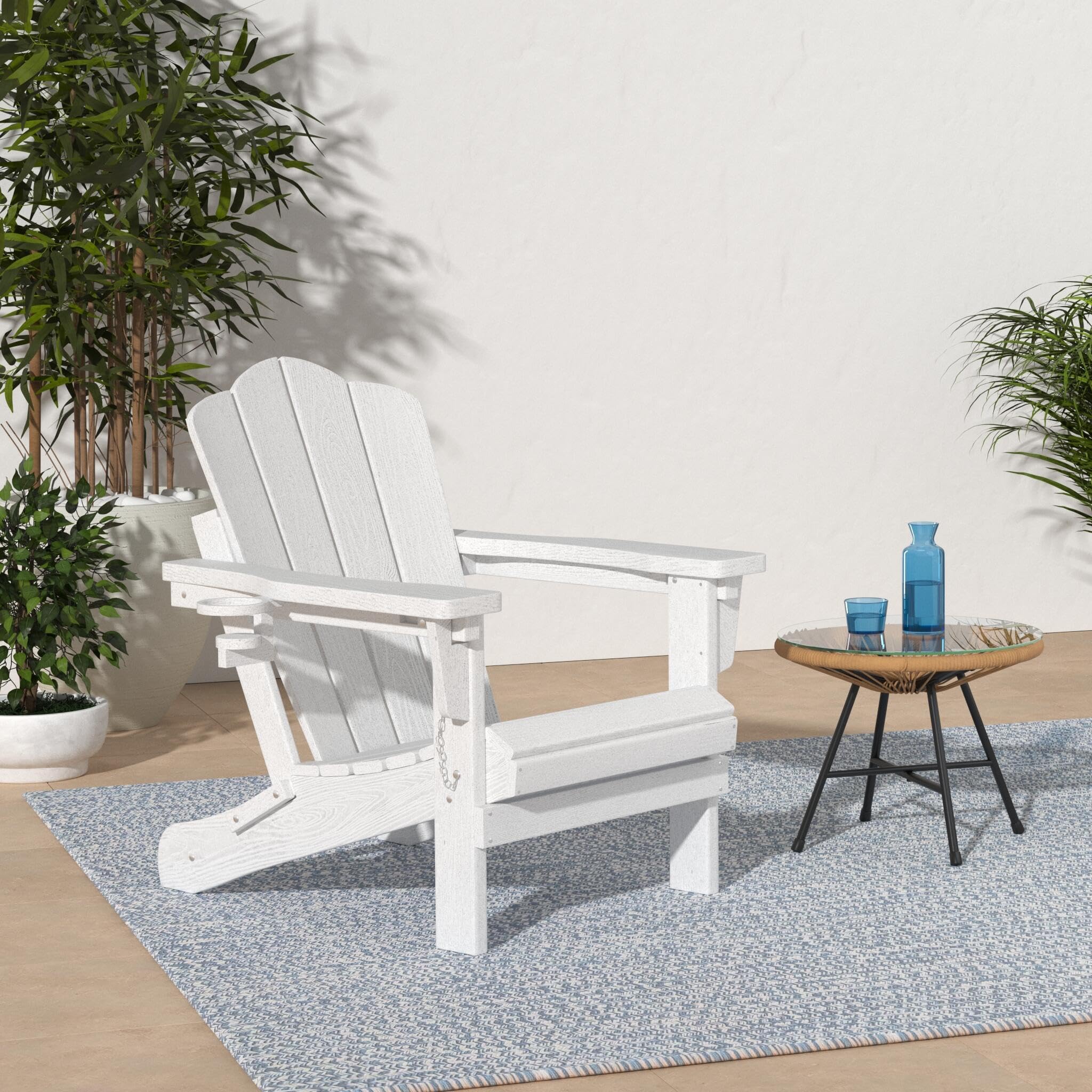 Kingyes Folding Adjustable Adirondack Chair, All Weather Resistance Reclining Adirondack Chair With Cup Holder, Hdpe Folding Adirondack Chair, White